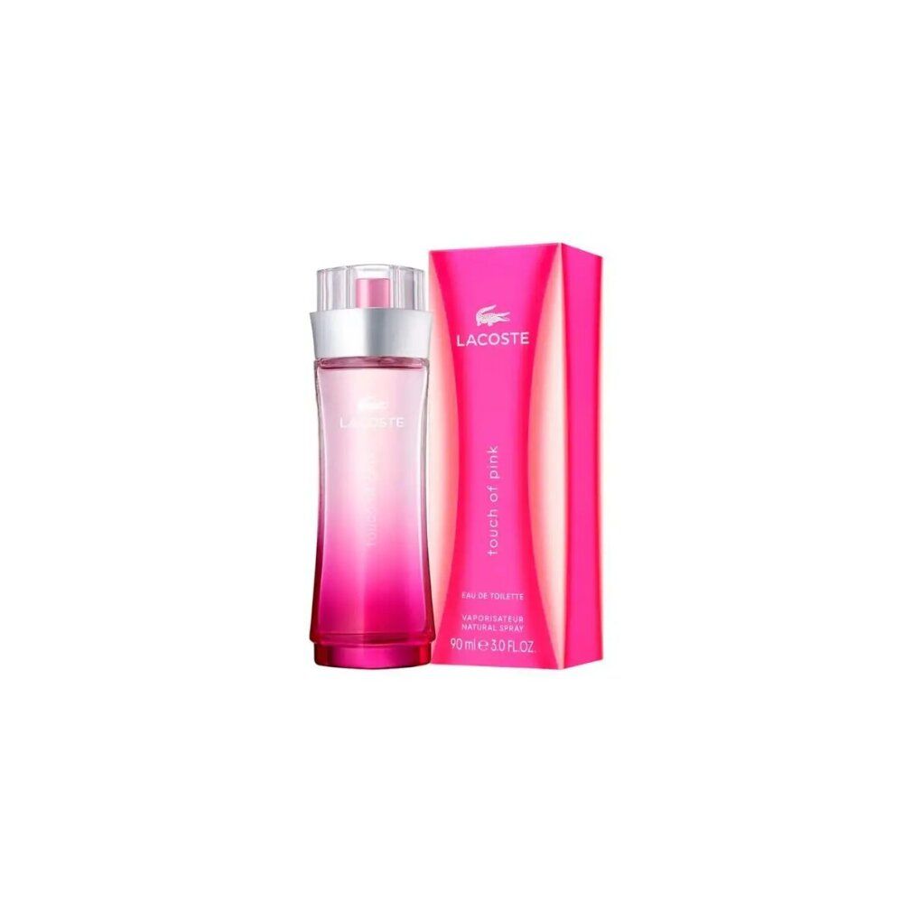 Lacoste Touch of Pink Eau de Toilette Flakon und Verpackung. Rosa Farbverlauf, silberner Ring, transparenter Verschluss.