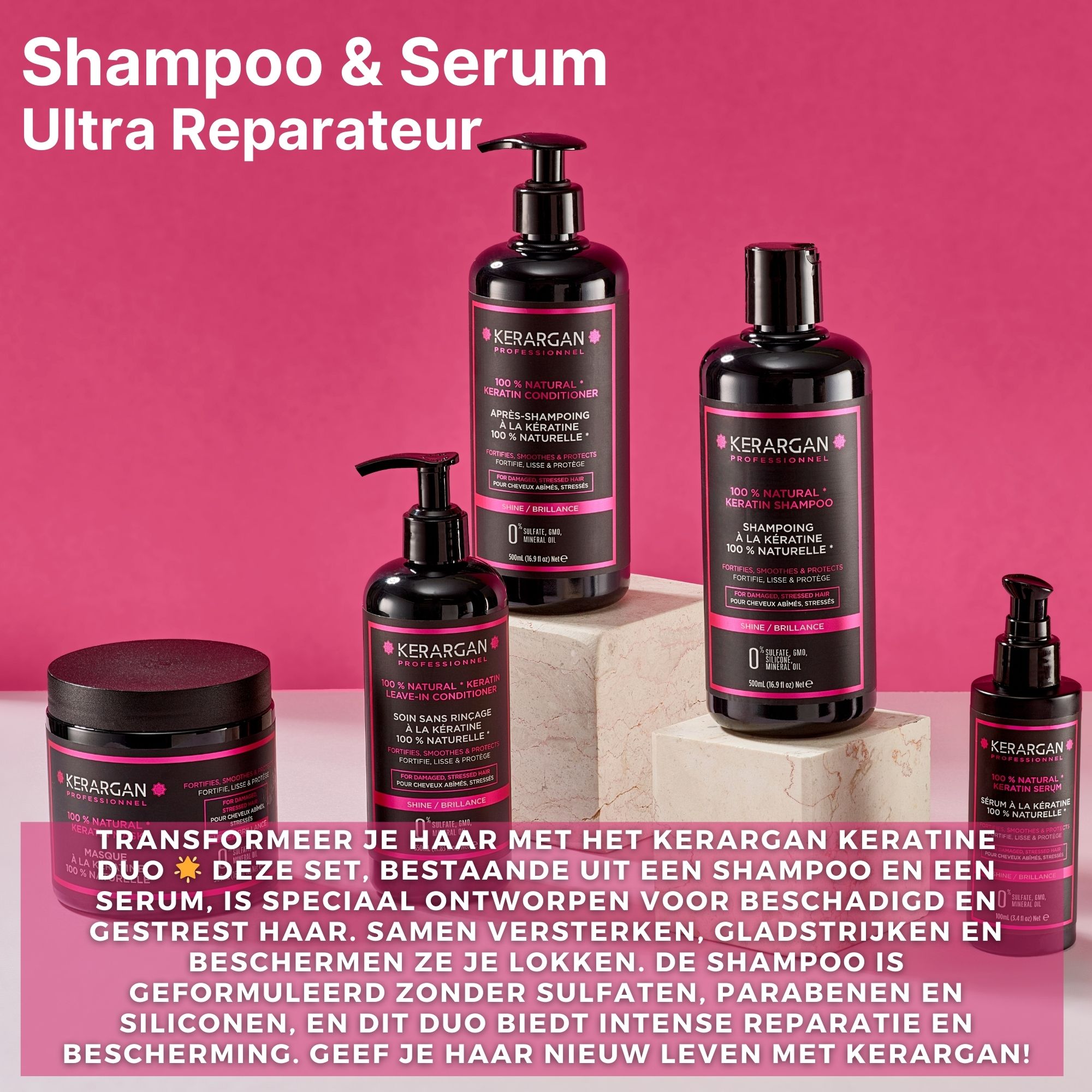 Verschillende Kerargan-producten op roze achtergrond. Shampoo, serum en haarmasker. Tekst in het Nederlands.