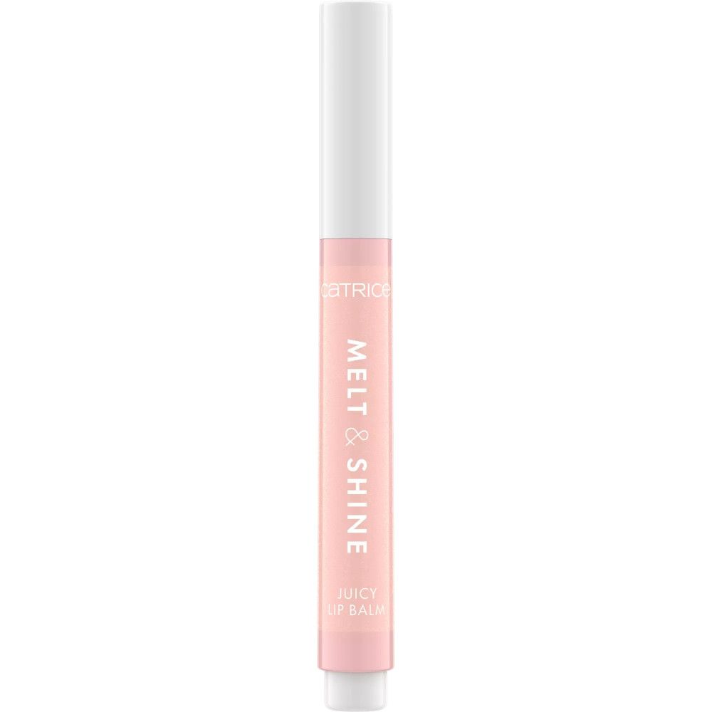 Rosa Lippenbalsam-Stift. Aufschrift: MELT & SHINE, JUICY LIP BALM. Marke: CATRICE.