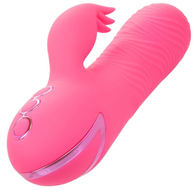 Pinkfarbener Vibrator mit geriffelter Oberfläche und Hasenohren. Drei Knöpfe und Zierleiste.