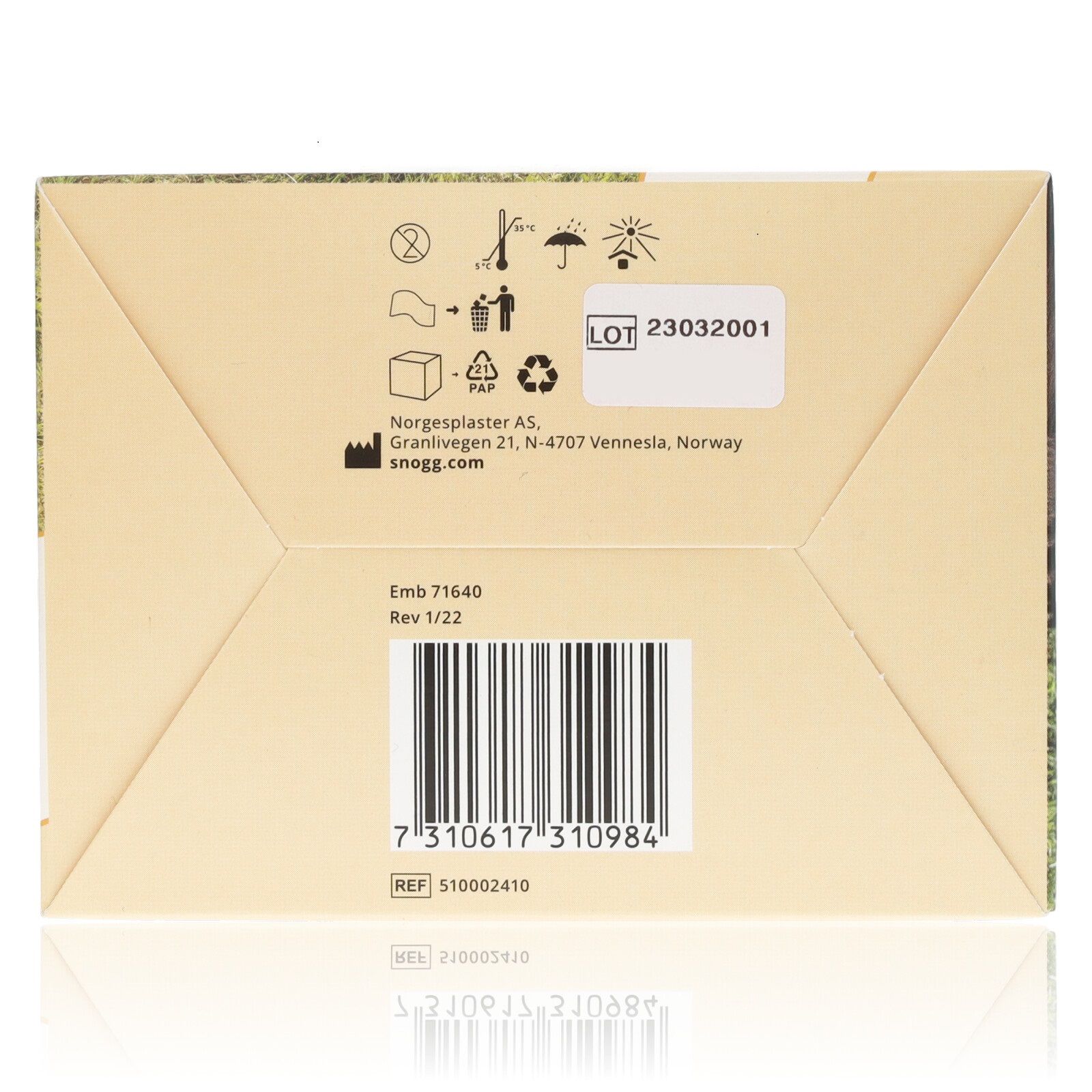Unterseite der Snögg Adhesive Foam Bandage Verpackung. Barcode, Chargennummer und Herstellerinformationen.