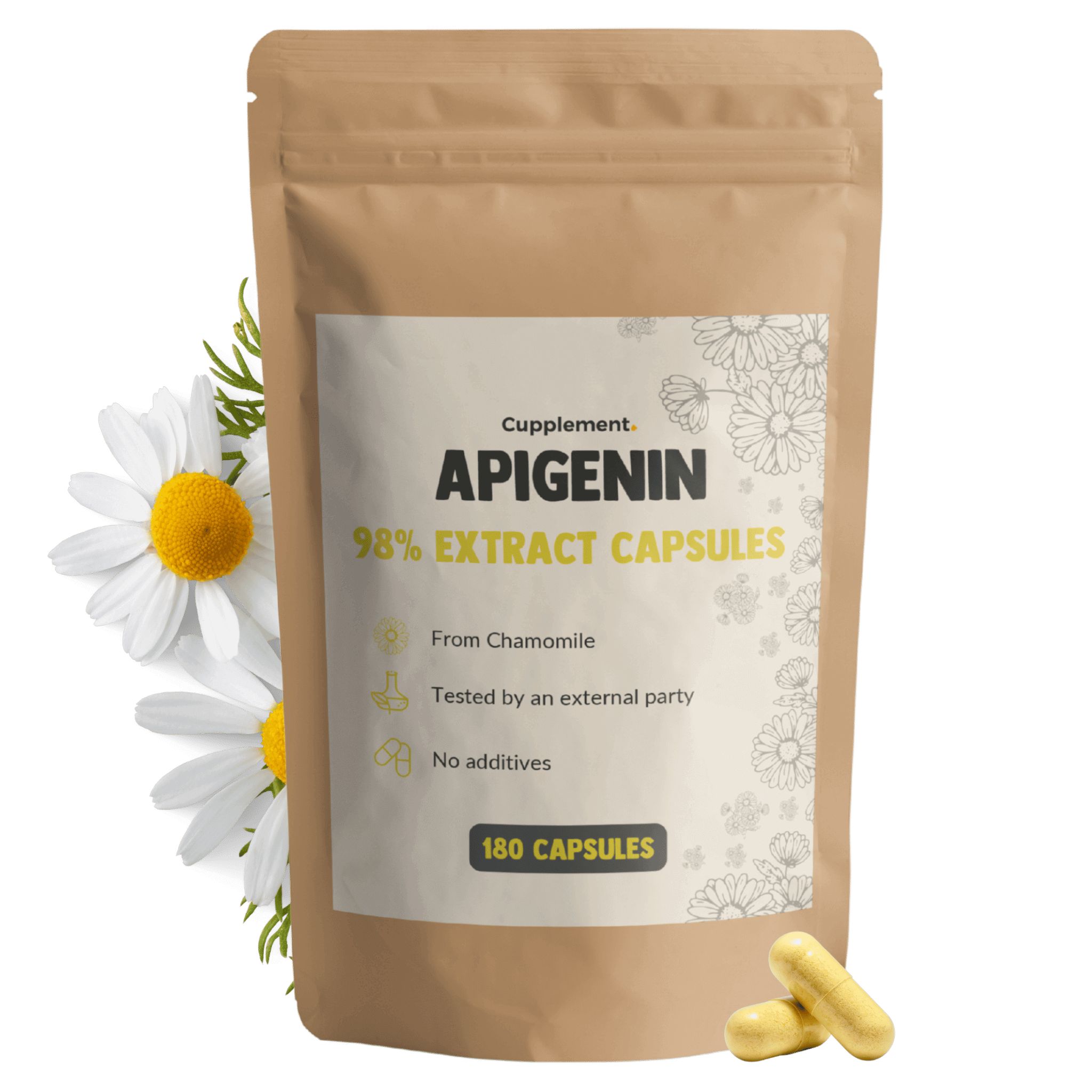 Beutel mit Kapseln. Aufschrift: Apigenin 98% Extrakt Capsules. 180 Kapseln. Kamillenblüten.