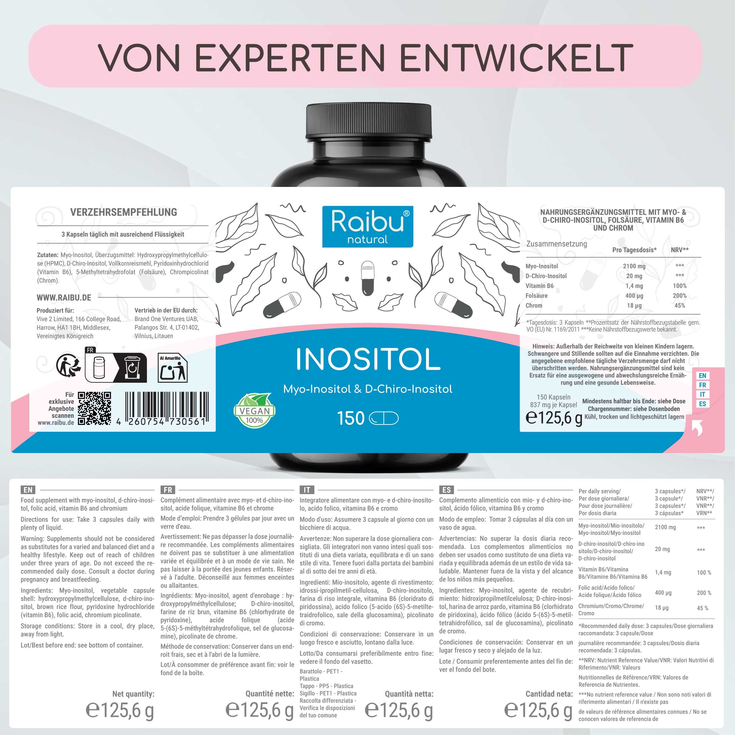 Schwarze Flasche mit Kapseln. Etikett mit "Raibu natural" und "Inositol". 150 Kapseln. Vegan. Text und Tabellen.