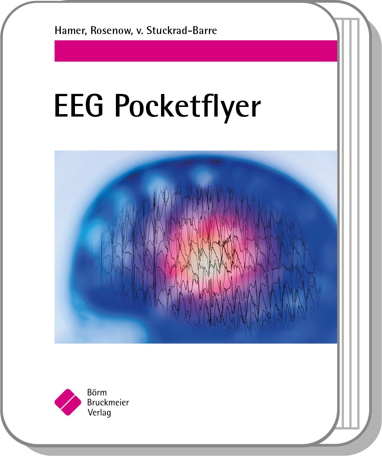 Buchcover mit Titel "EEG Pocketflyer". Abbildung eines Gehirns mit EEG-Kurven. Verlag: Börm Bruckmeier Verlag.