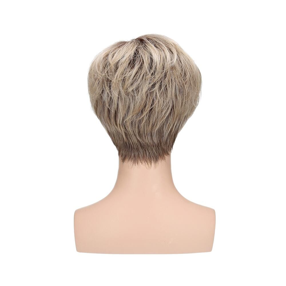 Perücke Magnolie von Lofty. Kurzer, blond-brauner Bob-Schnitt auf einer Schaufensterpuppe. Rückansicht.