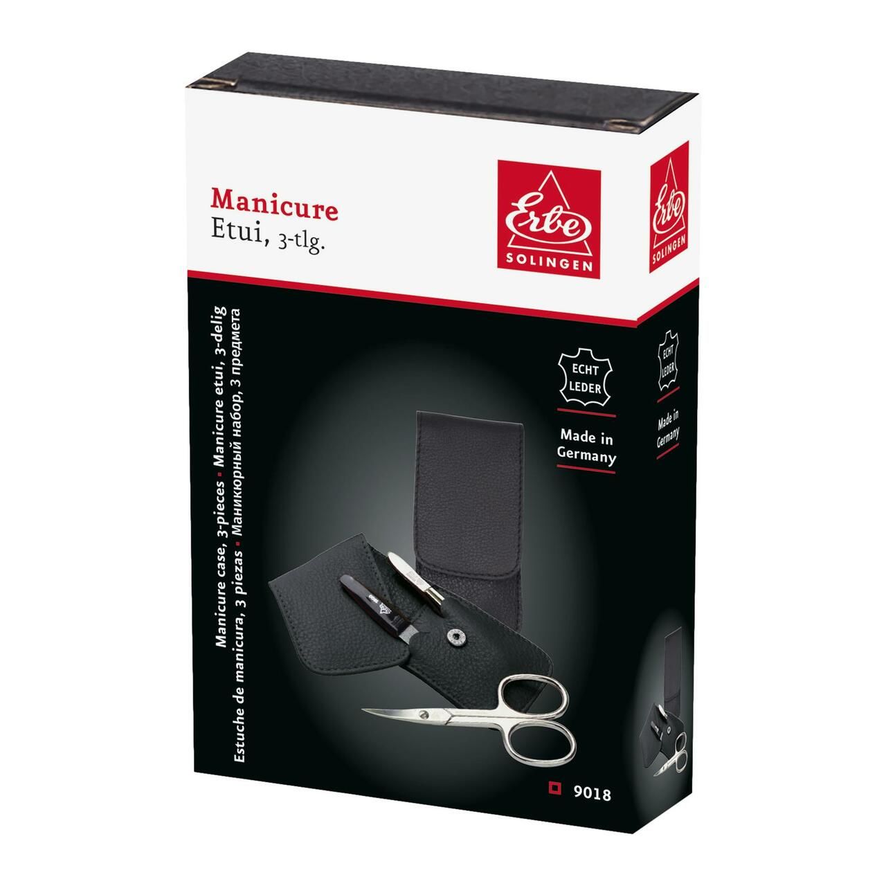 Verpackung von Erbe. Enthält Etui, Nagelschere, und weitere Instrumente. Text: Manicure Etui, 3-tlg., Echt Leder, Made in Germany.
