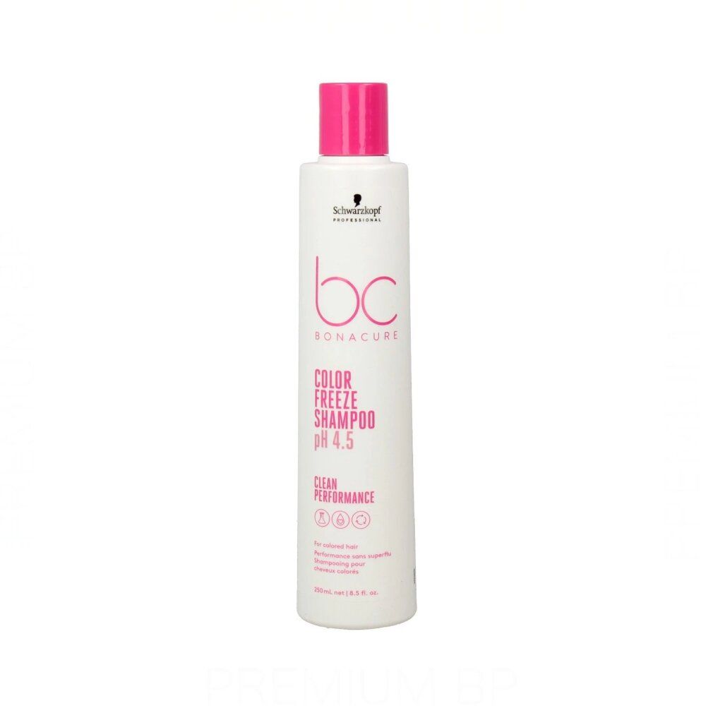 Weiße Shampoo-Flasche mit pinkfarbenem Deckel. Aufschrift: bc BONACURE COLOR FREEZE SHAMPOO pH 4.5.  Professionelles Produkt.