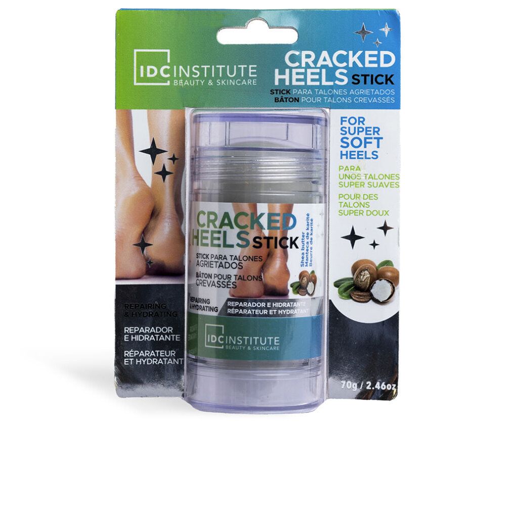 Pflegestift für rissige Fersen in Verpackung. Aufschrift: Cracked Heels Stick. Marke: IDC Institute. Mit Sheabutter. 70g/2.46oz.