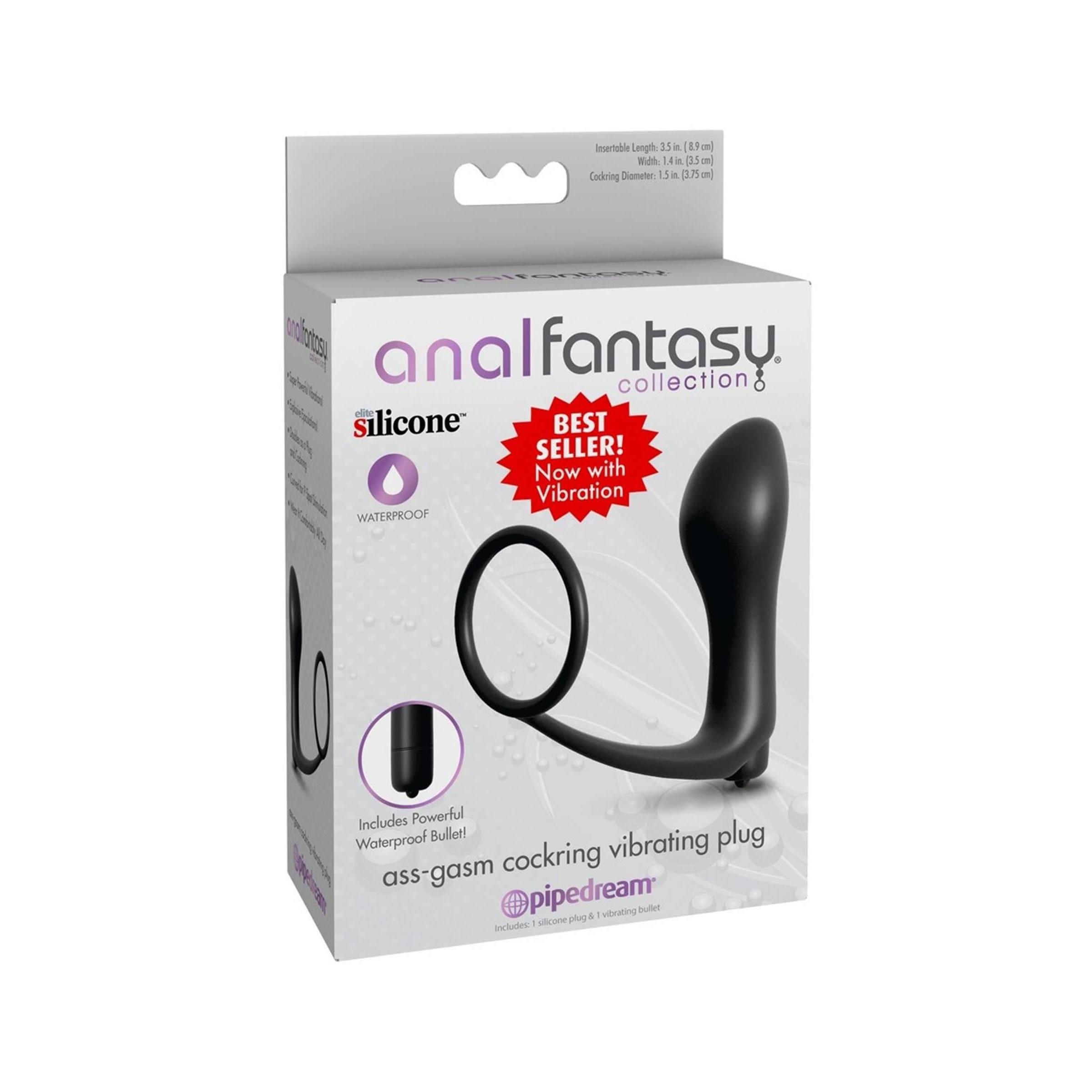 Verpackung für einen schwarzen Cockring-Vibrator-Plug. Enthält Produktname, Marke, Produktmerkmale und Zertifizierungen.