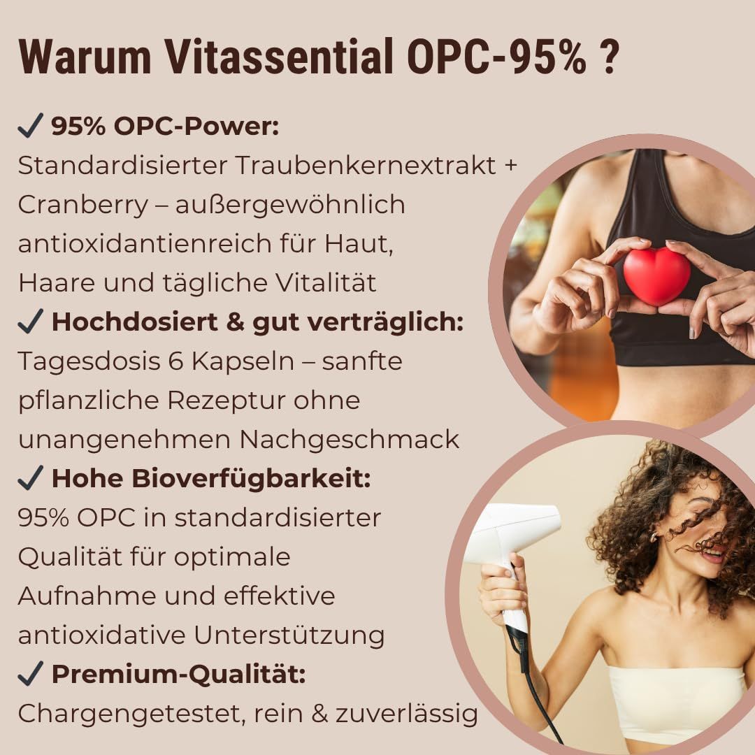 Text mit Produktinformationen und zwei Frauen. OPC-95% Vorteile. Hochdosiert und gut verträglich.