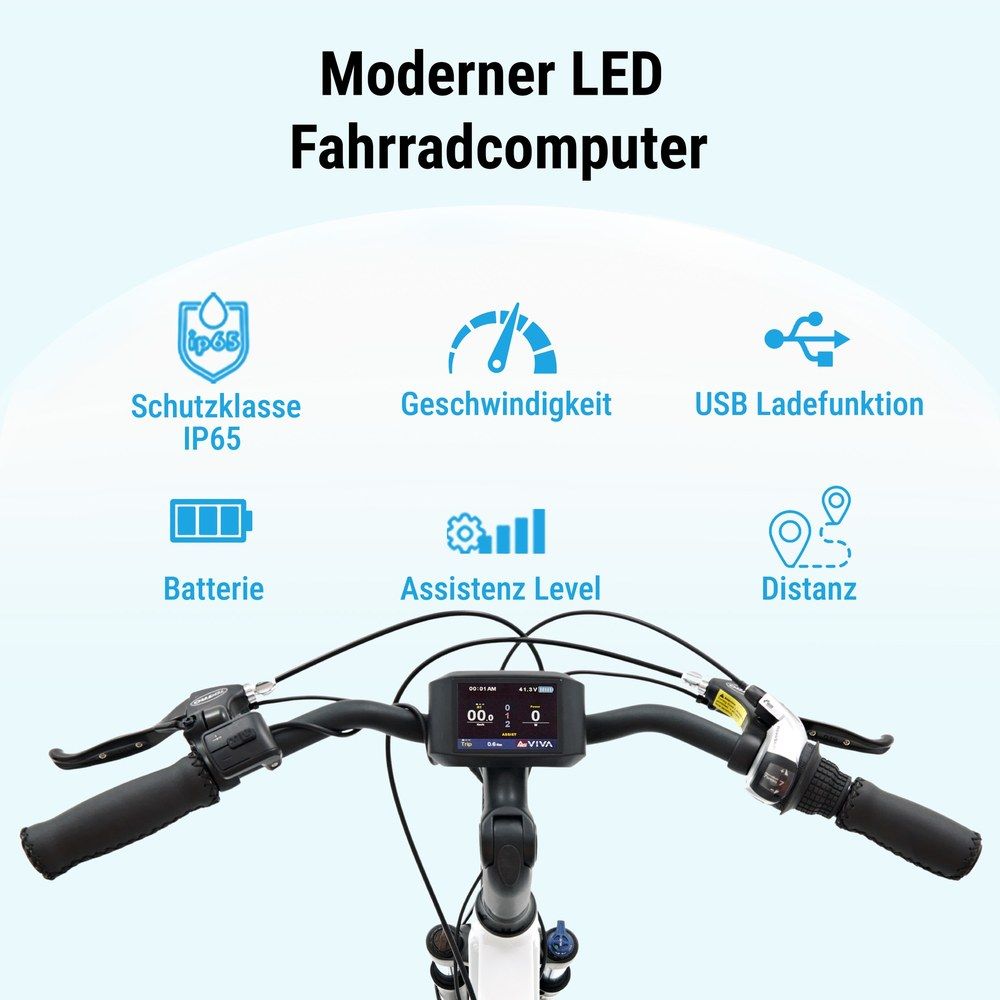 Lenker eines E-Bikes mit modernem LED-Fahrradcomputer, der Geschwindigkeit, Akku, Distanz und USB-Ladefunktion anzeigt.