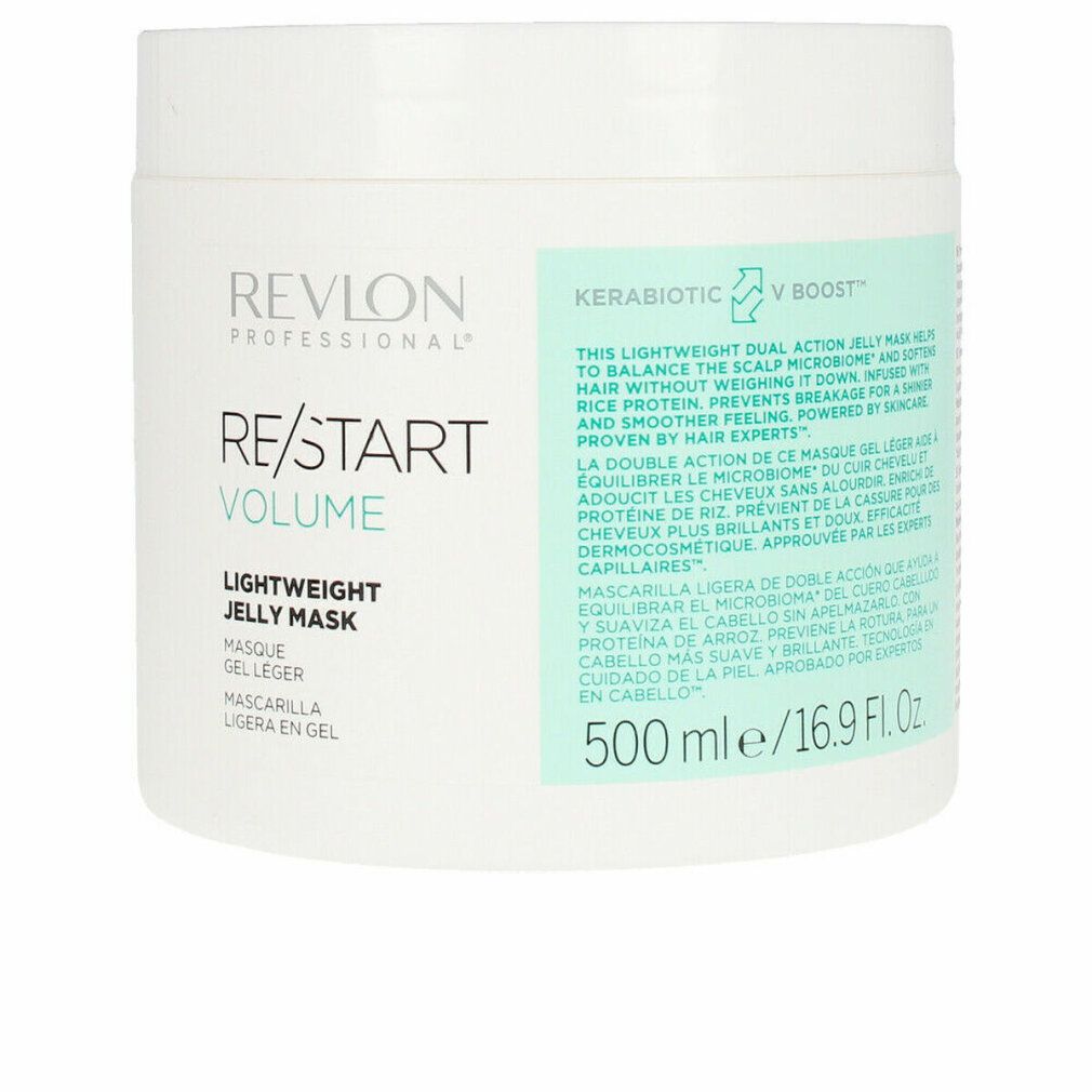 Weißer Tiegel mit Produktetikett. Aufschrift: Revlon Professional, Re/Start Volume, Lightweight Jelly Mask. 500 ml.