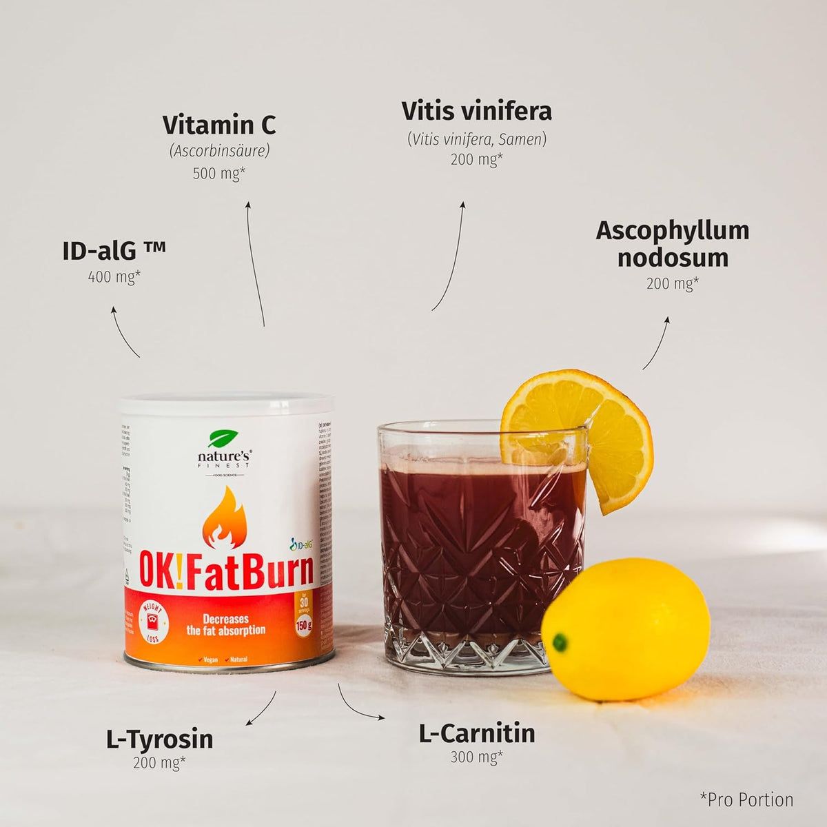 OK!FatBurn Dose, Nature's Finest. Inhaltsstoffe: Vitamin C, Vitis vinifera, Ascophyllum nodosum, L-Tyrosin, L-Carnitin.