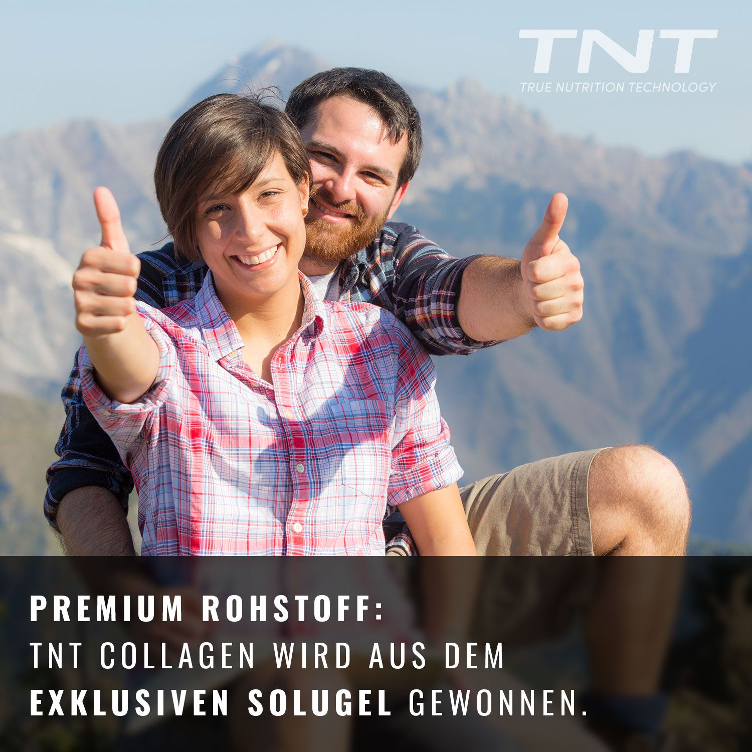 Ein Paar mit Daumen hoch. Text: "TNT COLLAGEN wird aus dem exklusiven SOLUGEL gewonnen."