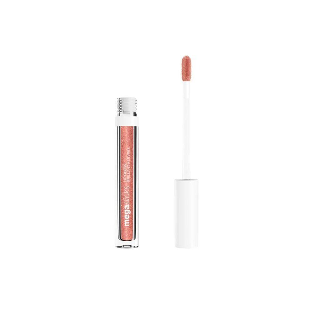 Lipgloss-Tube mit Applikator. Der transparente Behälter zeigt einen rosafarbenen Glanz. Der Applikator ist weiß.