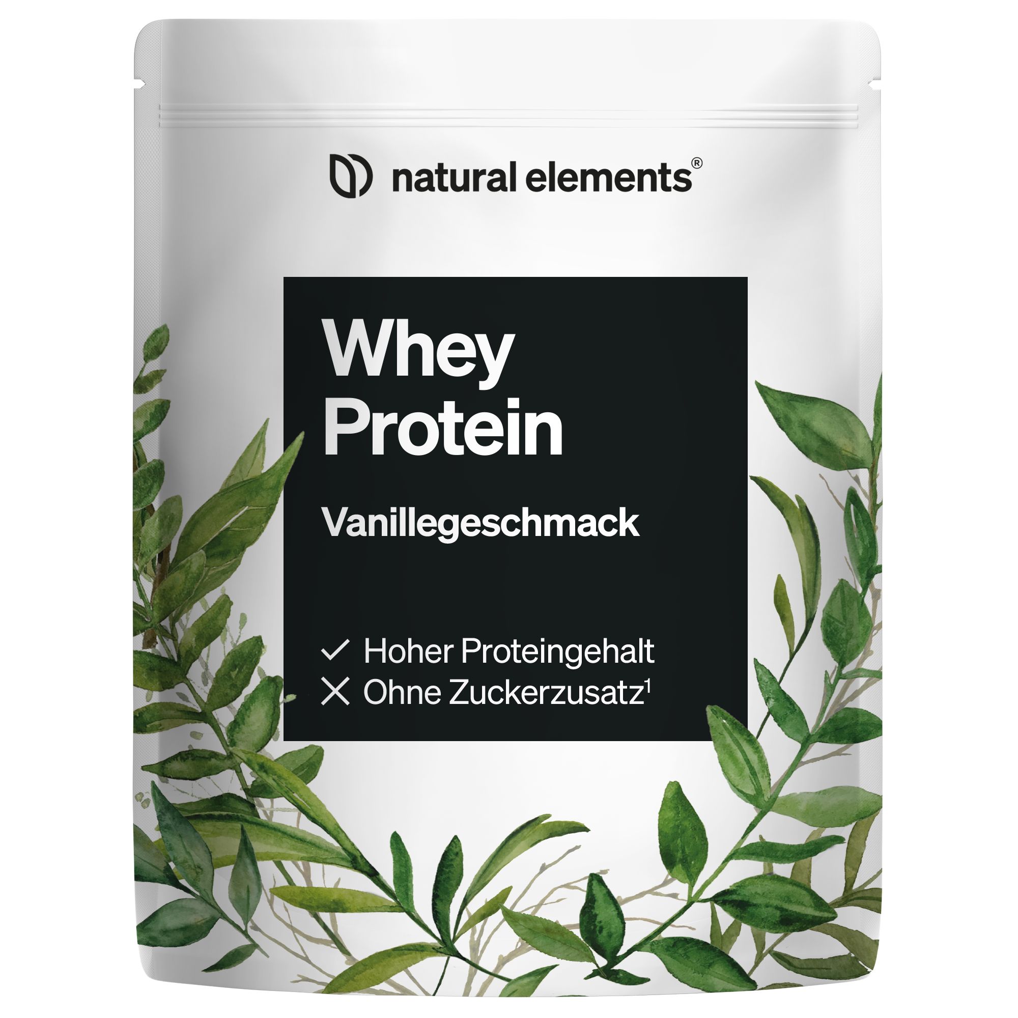 Beutel mit Whey Protein, Vanillegeschmack. Marke: natural elements. Text: Hoher Proteingehalt, ohne Zuckerzusatz. Grüne Blätter als Dekoration.