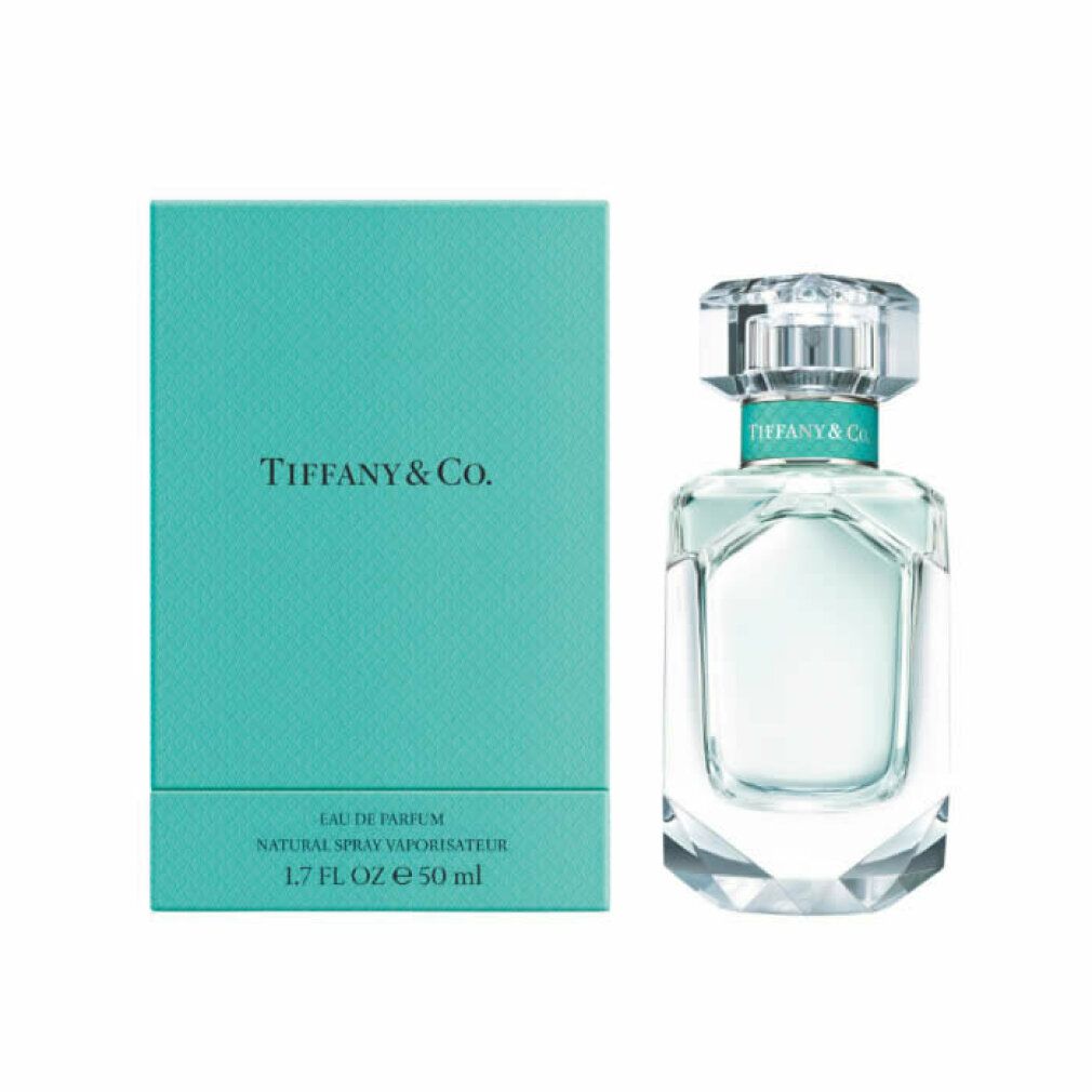 Hellblaue Schachtel und Glasflakon. Schachtel mit Tiffany & Co. Schriftzug. Flakon mit Kristallverschluss und türkisfarbenem Ring.