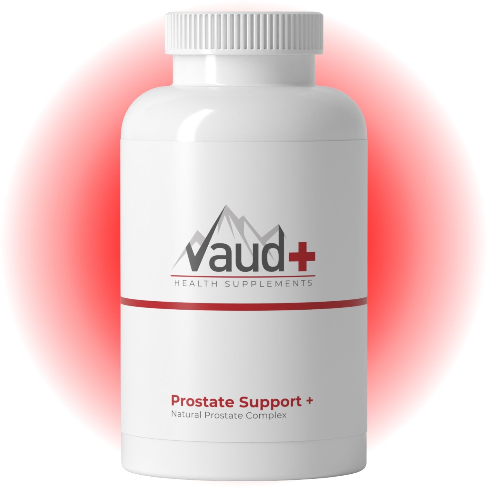 Weiße Flasche mit rotem Streifen und Aufschrift "Vaud+". Text: "Prostate Support + Natural Prostate Complex".