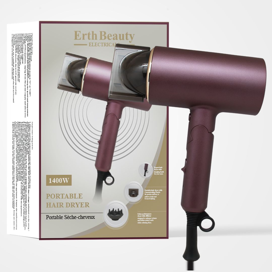 Haartrockner in Box. ErthBeauty, 1400W, tragbar. Farbe: Pflaume. Mit Zubehör-Symbolen. Box mit Produktabbildung und Text.