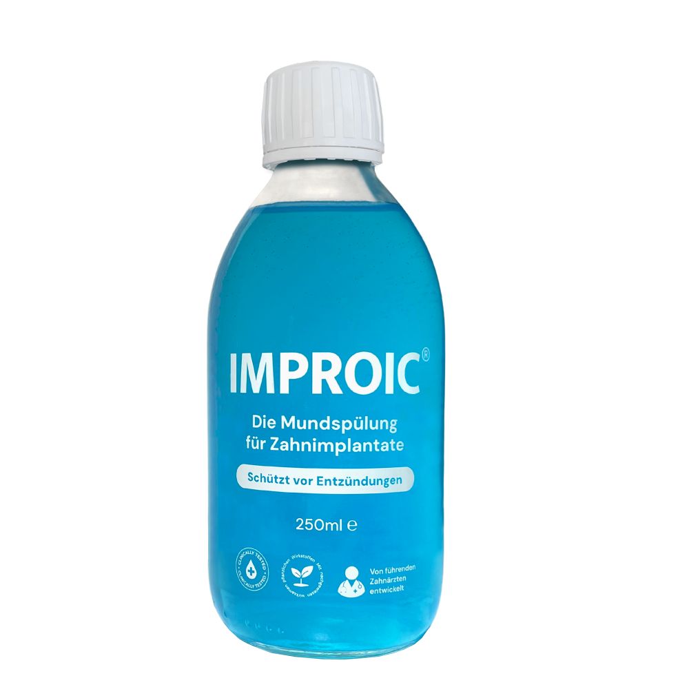 Blaue Flüssigkeit in einer Flasche mit weißem Verschluss. Aufschrift: IMPROIC, Mundspülung für Zahnimplantate. 250ml.