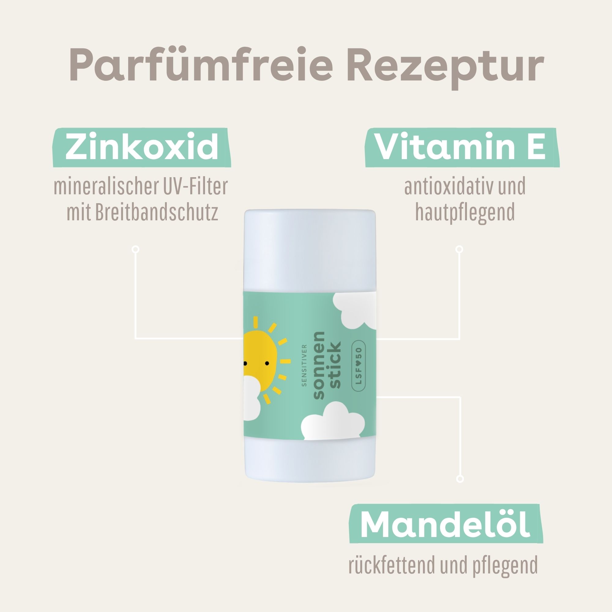 Sonnenstick mit Zinkoxid, Vitamin E und Mandelöl. Mineralischer UV-Filter.