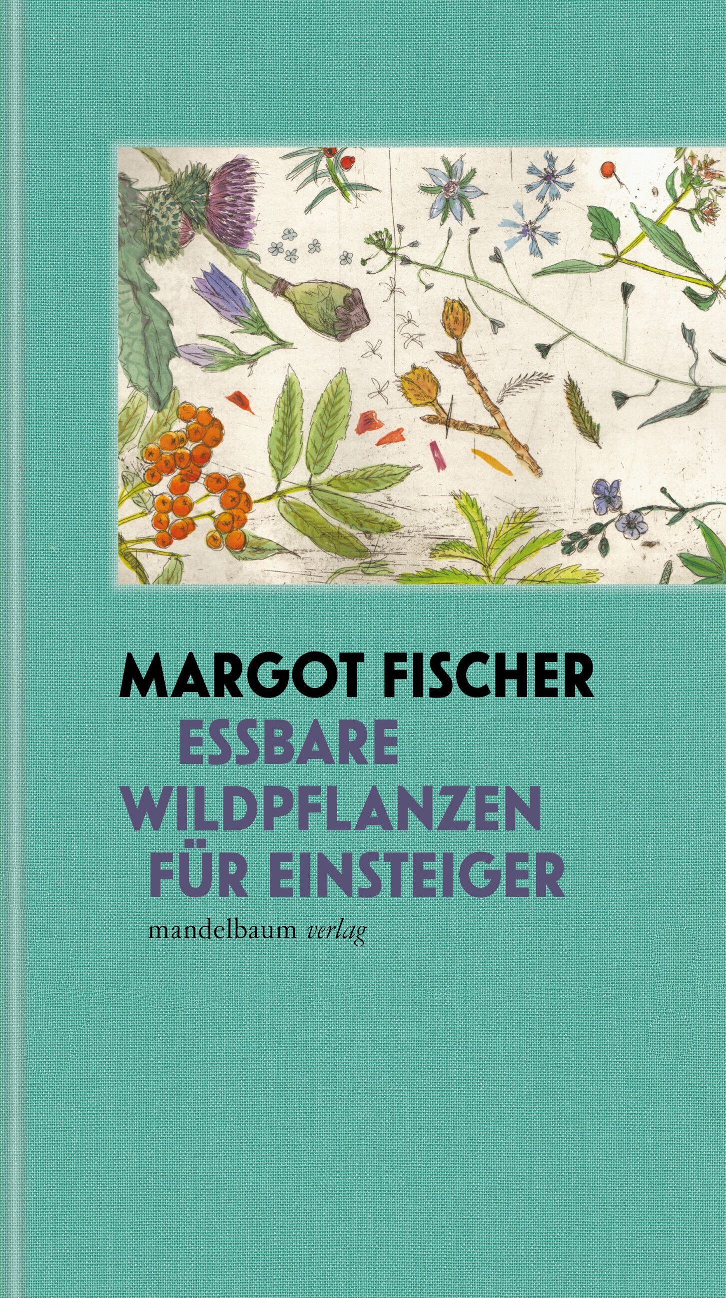 Buchcover mit Illustrationen von Pflanzen. Titel: Essbare Wildpflanzen für Einsteiger. Autor: Margot Fischer. Verlag: mandelbaum.