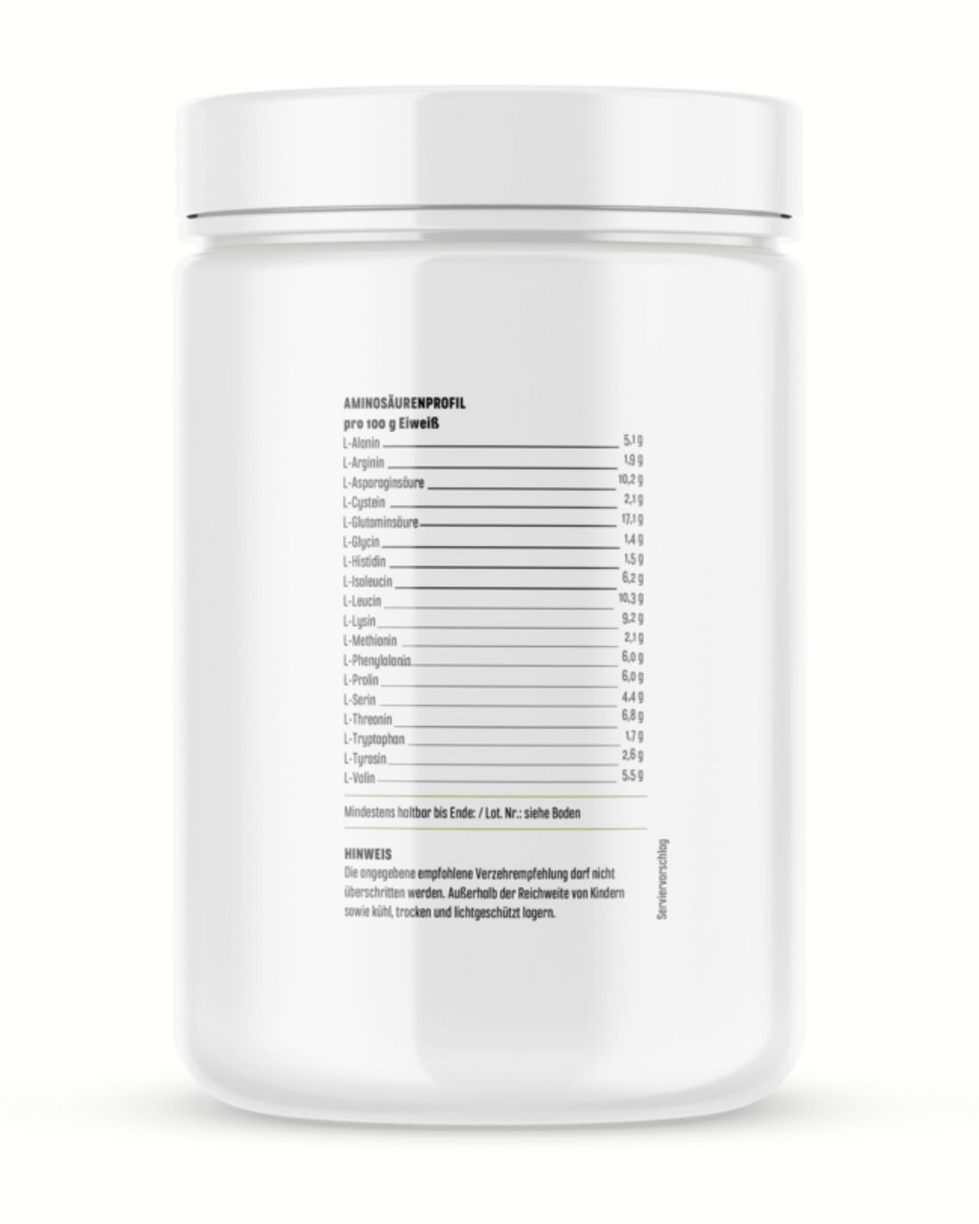 Weißes Proteinpulver-Behälter mit Text. Aminosäureprofil pro 100 g Eiweiß. Mindestens haltbar bis. Hinweis.