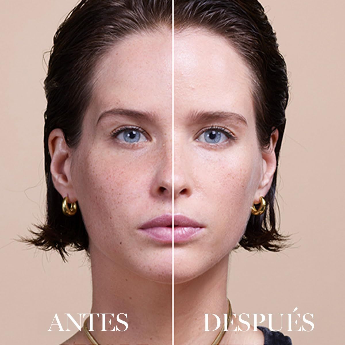 Gesicht, links ungeschminkt, rechts geschminkt. Vergleich von Hautton und Textur.