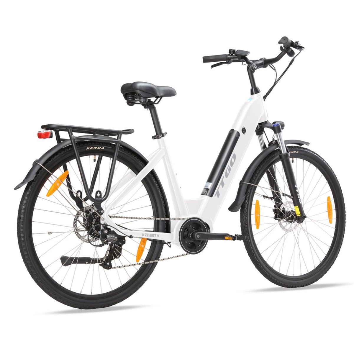 Weißes E-Bike mit schwarzen Reifen und Gepäckträger. TTGO-Logo auf dem Rahmen.