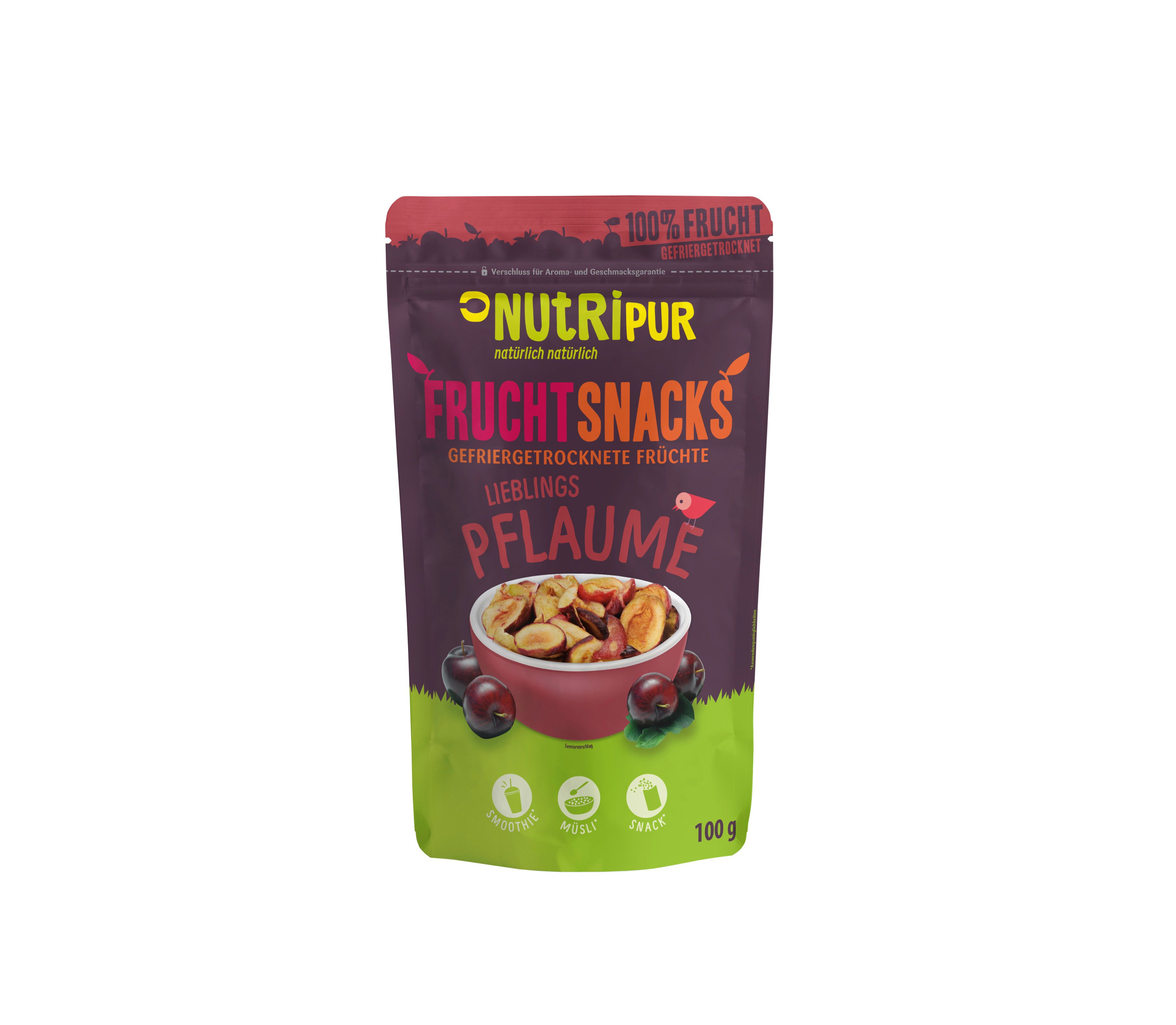 Beutel mit NutriPur Frucht Snacks Pflaume. Gefriergetrocknete Früchte. Aufdruck: 100% Frucht. Grün, lila und rot.
