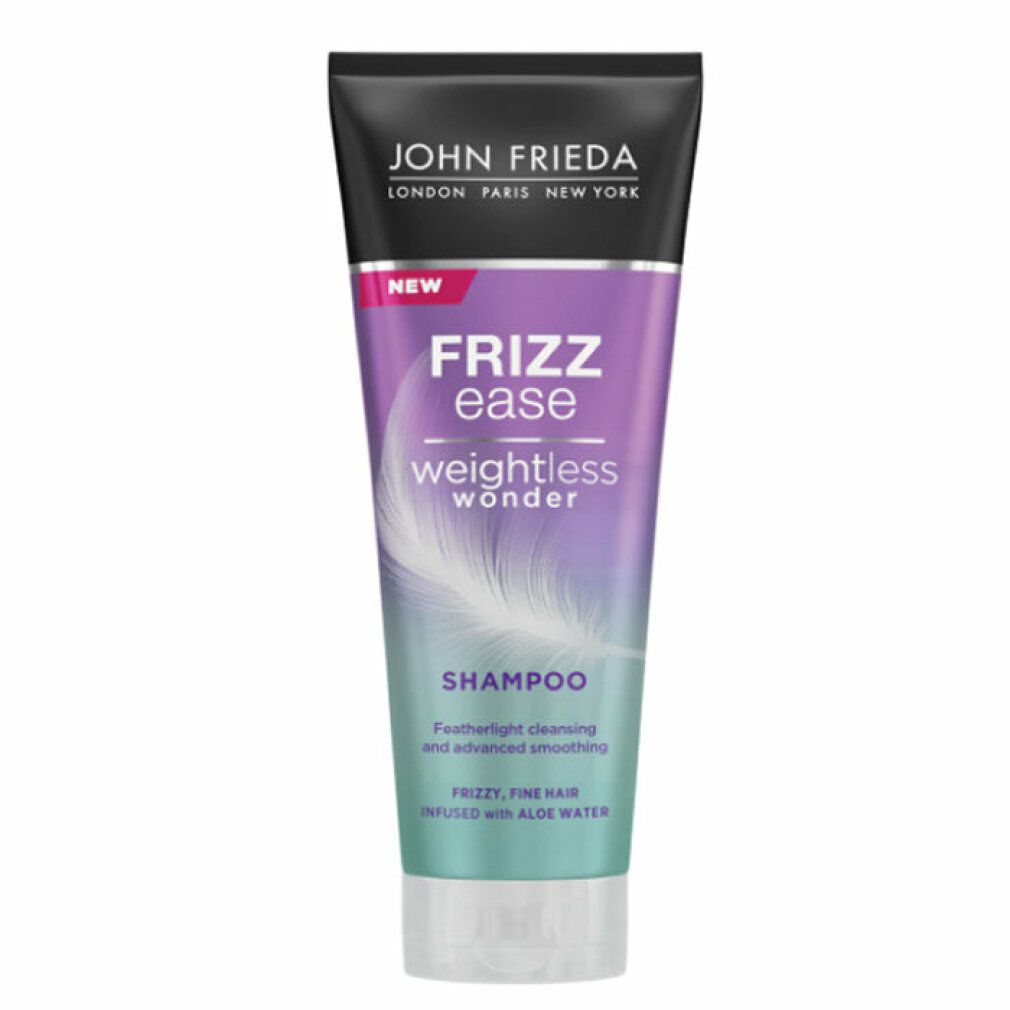 Shampoo-Tube Frizz Ease Weightless Wonder. Schwarzer Deckel, lila-blauer Farbverlauf, Feder-Illustration. Text: Shampoo, für feines Haar.