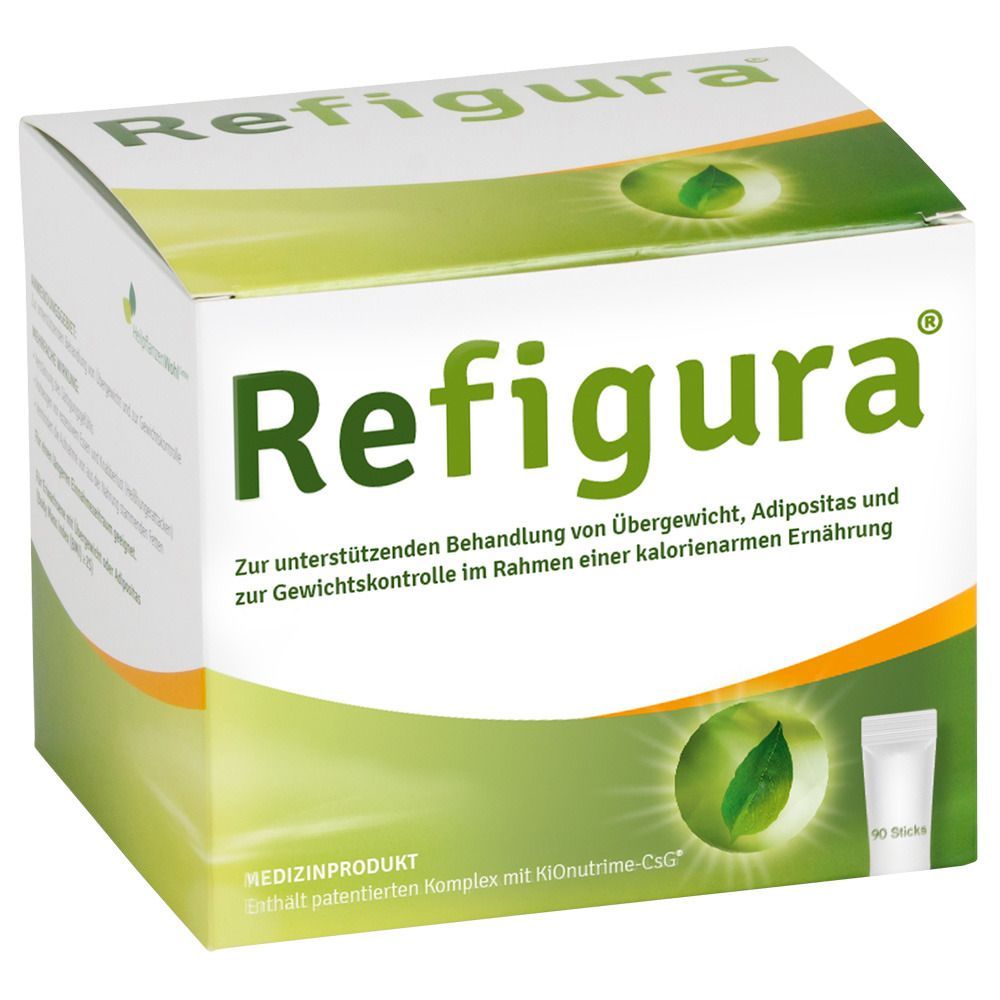 Karton von Refigura. Grün-weißes Design mit Produktnamen und Text. Enthält 10 Sticks. Medizinprodukt zur Unterstützung bei Übergewicht.