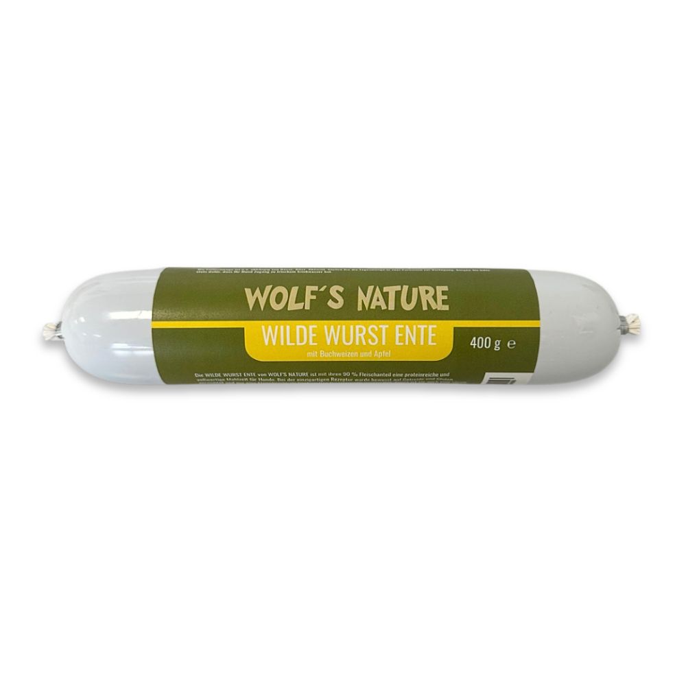 Wurst in zylindrischer Form. Auf der Verpackung steht "WOLF'S NATURE WILDE WURST ENTE". Gewicht: 400 g.