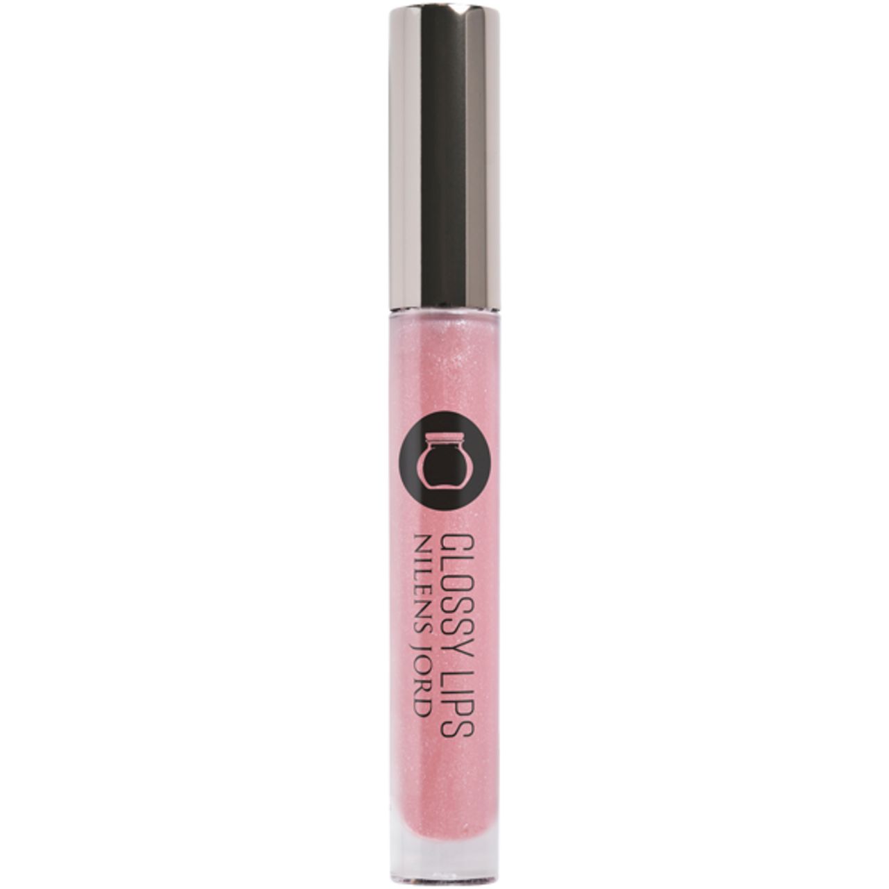 Lipgloss-Tube mit silberfarbenem Deckel. Rosa Inhalt. Aufschrift: GLOSSY LIPS, NILENS JORD. Logo: schwarzer Kreis mit Gefäß.