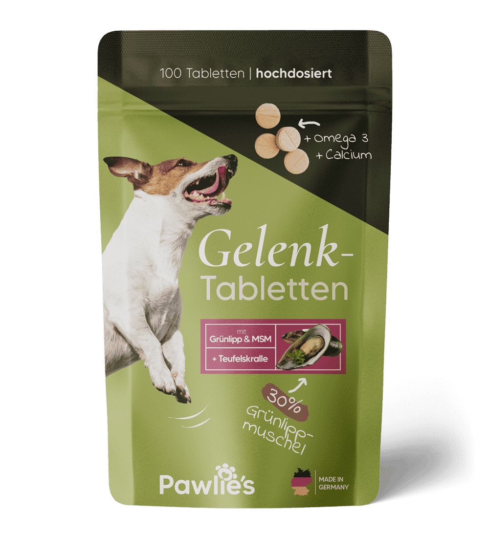 Beutel mit Gelenk-Tabletten. Aufschrift: Grünlippmuschel, Teufelskralle. Hund abgebildet. 100 Tabletten.