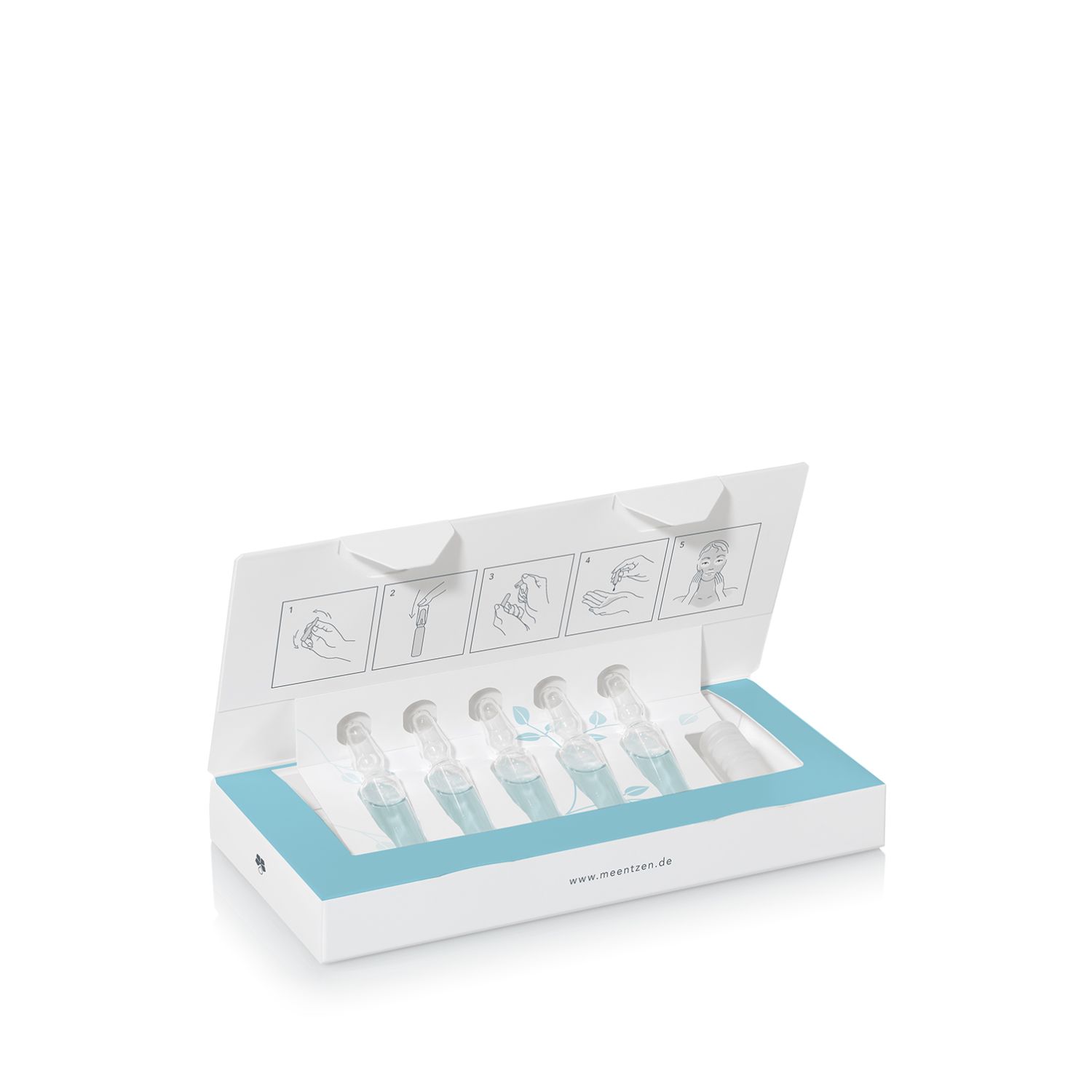 Geöffnete Produktverpackung mit 5 Ampullen und einem Öffner. Innen blau. Aufgedruckte Anwendungsanleitung.