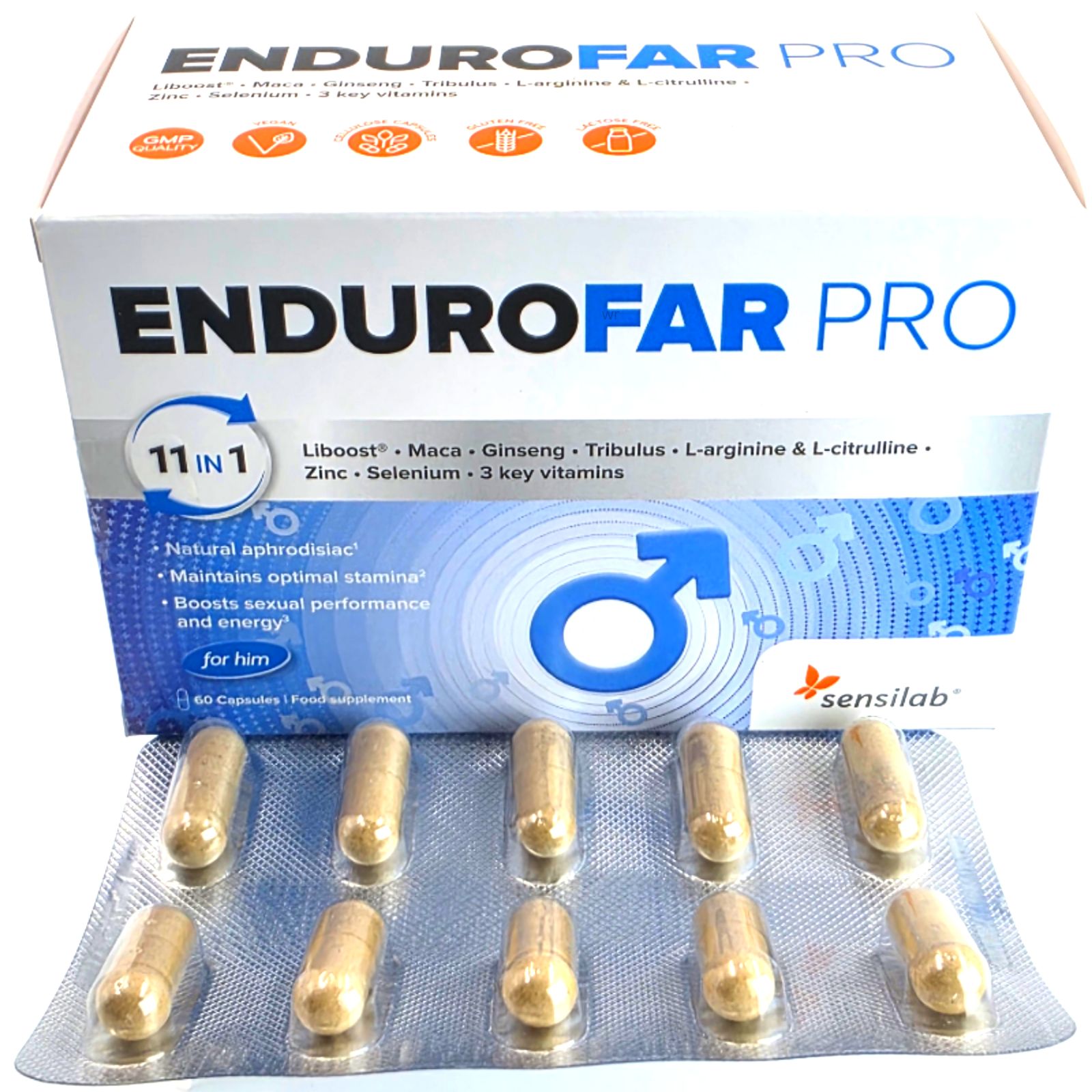 Blisterpackung mit Kapseln neben der Schachtel "ENDUROFAR PRO". 10 Kapseln sichtbar. Sensilab Logo. Für Männer.