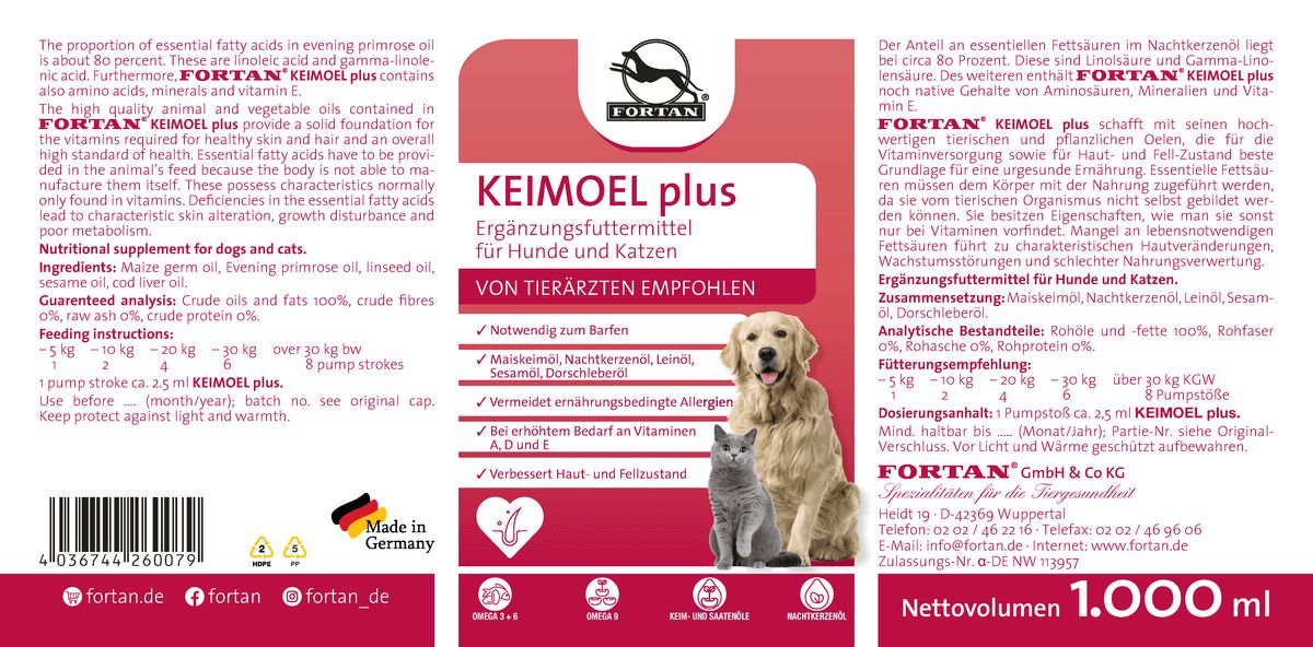 Etikett von FORTAN Keimöl plus. Text, Logo, Abbildungen von Hund und Katze. Empfohlen von Tierärzten. Enthält Fettsäuren und Vitamine.