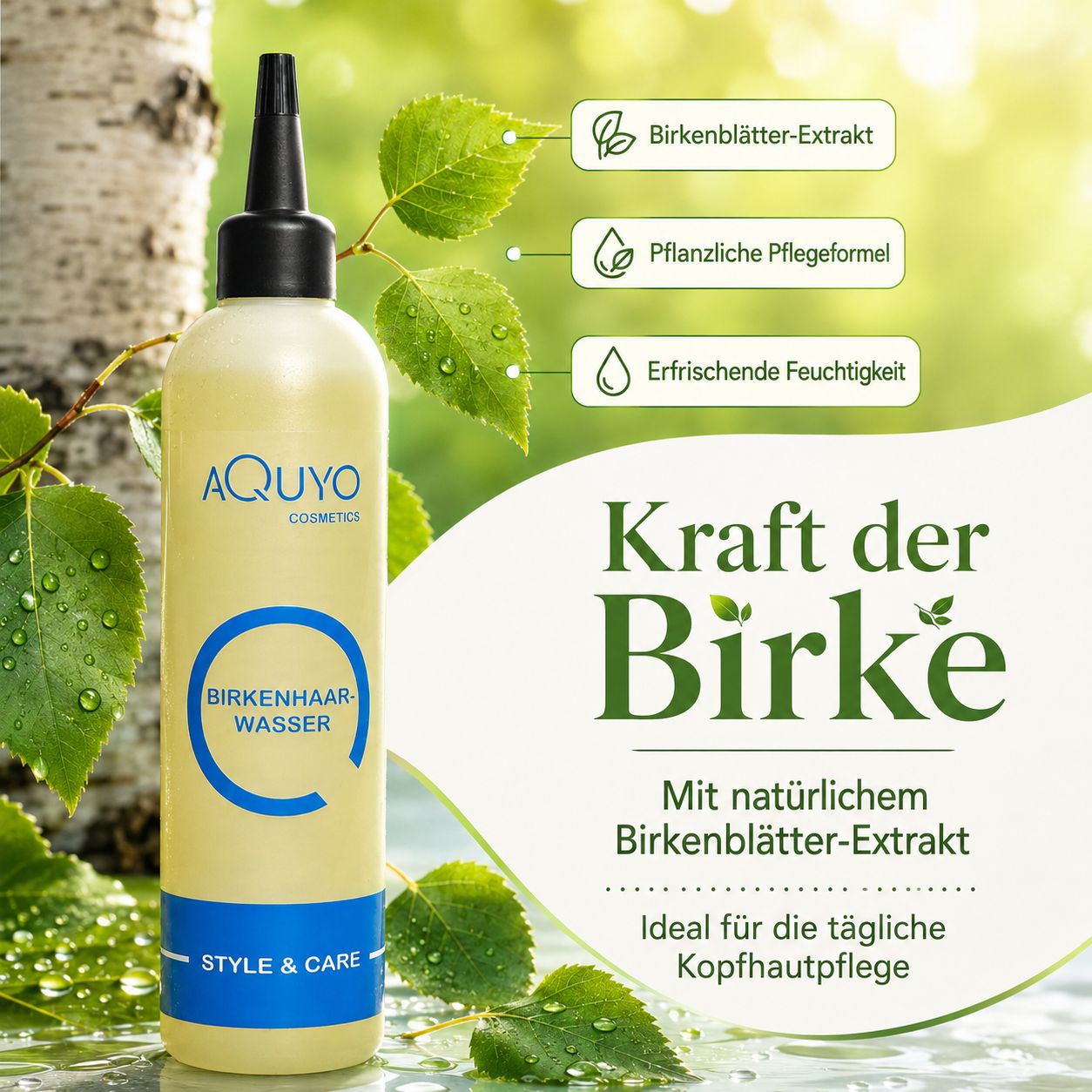 Gelbliche Flasche mit schwarzem Applikator. Aufschrift: Birkenhaarwasser. Text: Kraft der Birke. Mit Birkenblätter-Extrakt. Pflanzliche Pflegeformel.