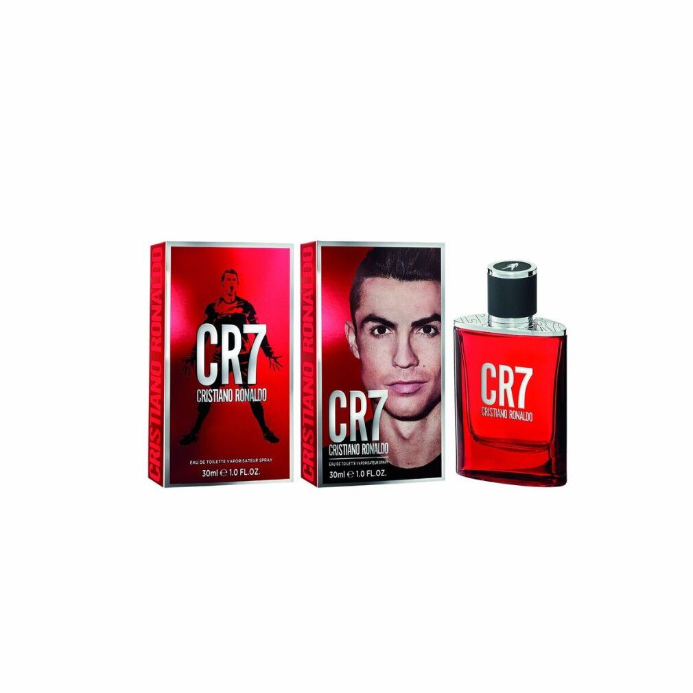Drei CR7-Produkte: zwei Verpackungen und eine Flasche. Die Verpackungen zeigen Cristiano Ronaldo.