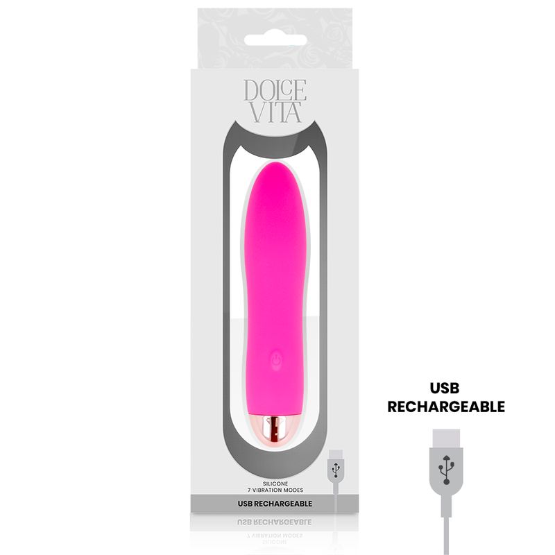 Pinkfarbener Silikon-Vibrator in Verpackung. Produktname und USB-Ladeanschluss sind sichtbar.
