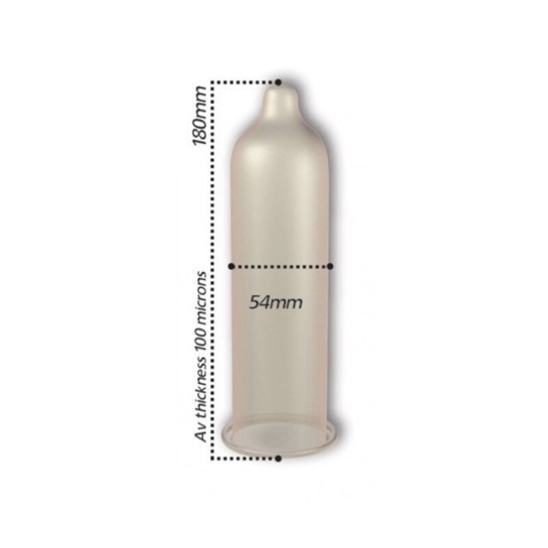 Ein Kondom mit den Maßen 180 mm Länge und 54 mm Breite, durchschnittliche Dicke 100 Mikrometer.