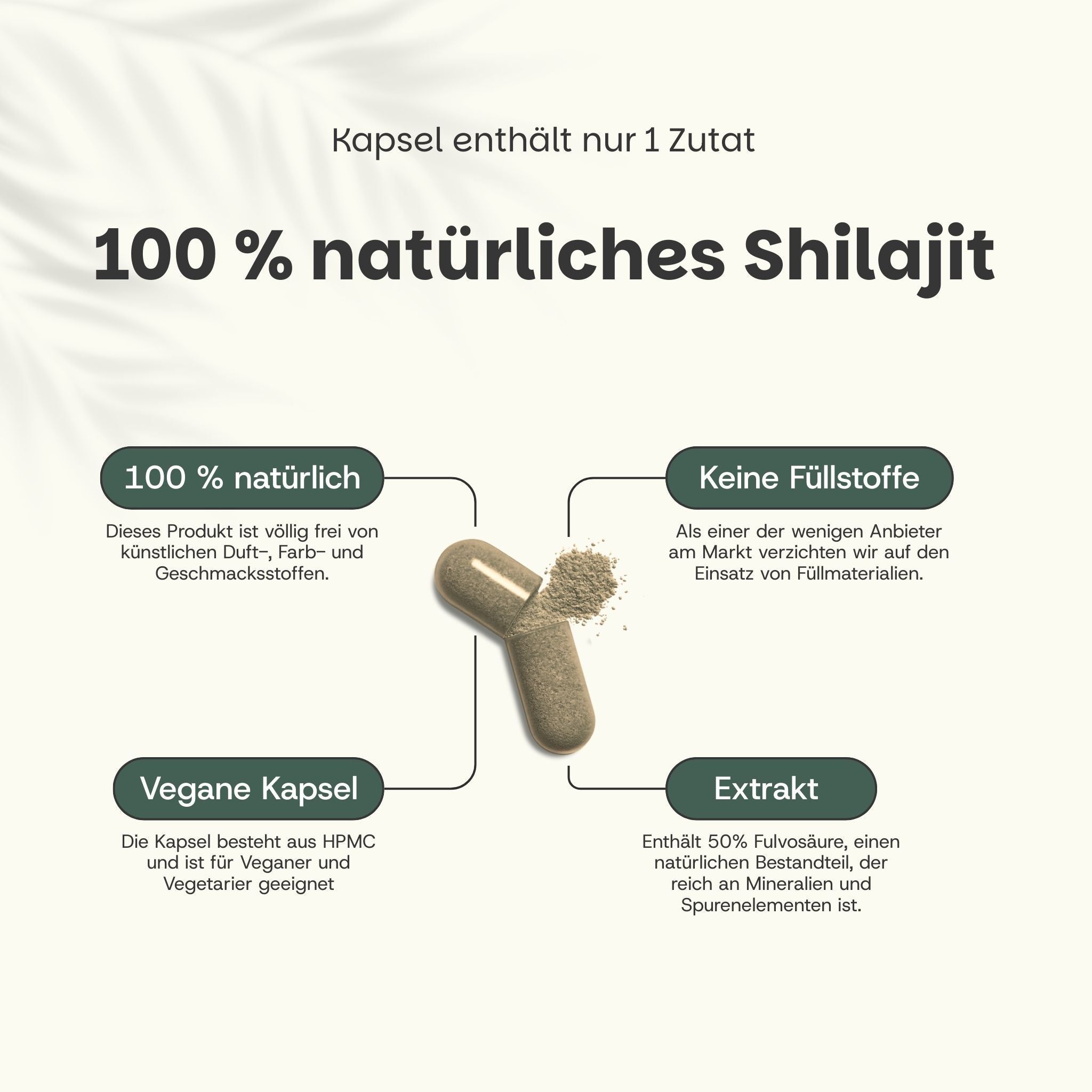 Kapsel mit Inhalt, Text: 100% natürliches Shilajit, 100% natürlich, keine Füllstoffe, vegane Kapsel, Extrakt.
