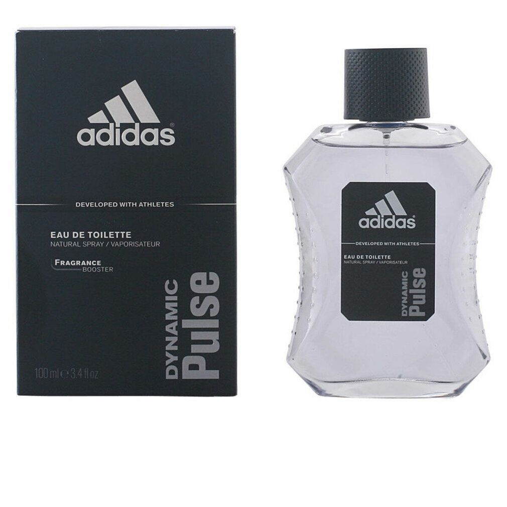 Flakon und Verpackung. Schwarze Verpackung mit Adidas-Logo und Schriftzug Dynamic Pulse. Flakon daneben.