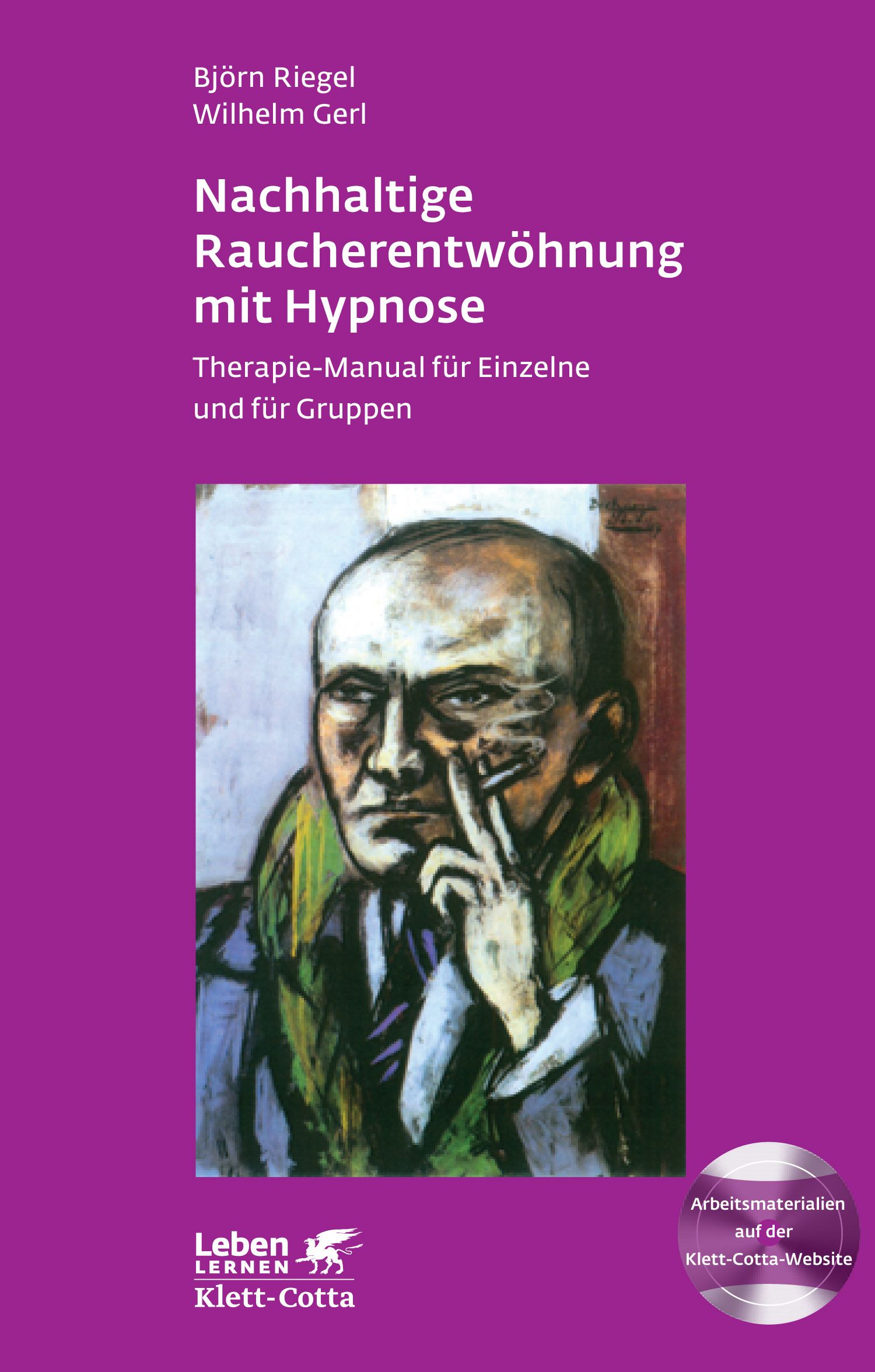 Buchcover: Nachhaltige Raucherentwöhnung mit Hypnose. Titel, Autoren, und ein Gemälde eines Mannes mit Zigarette. Verlag Klett-Cotta.