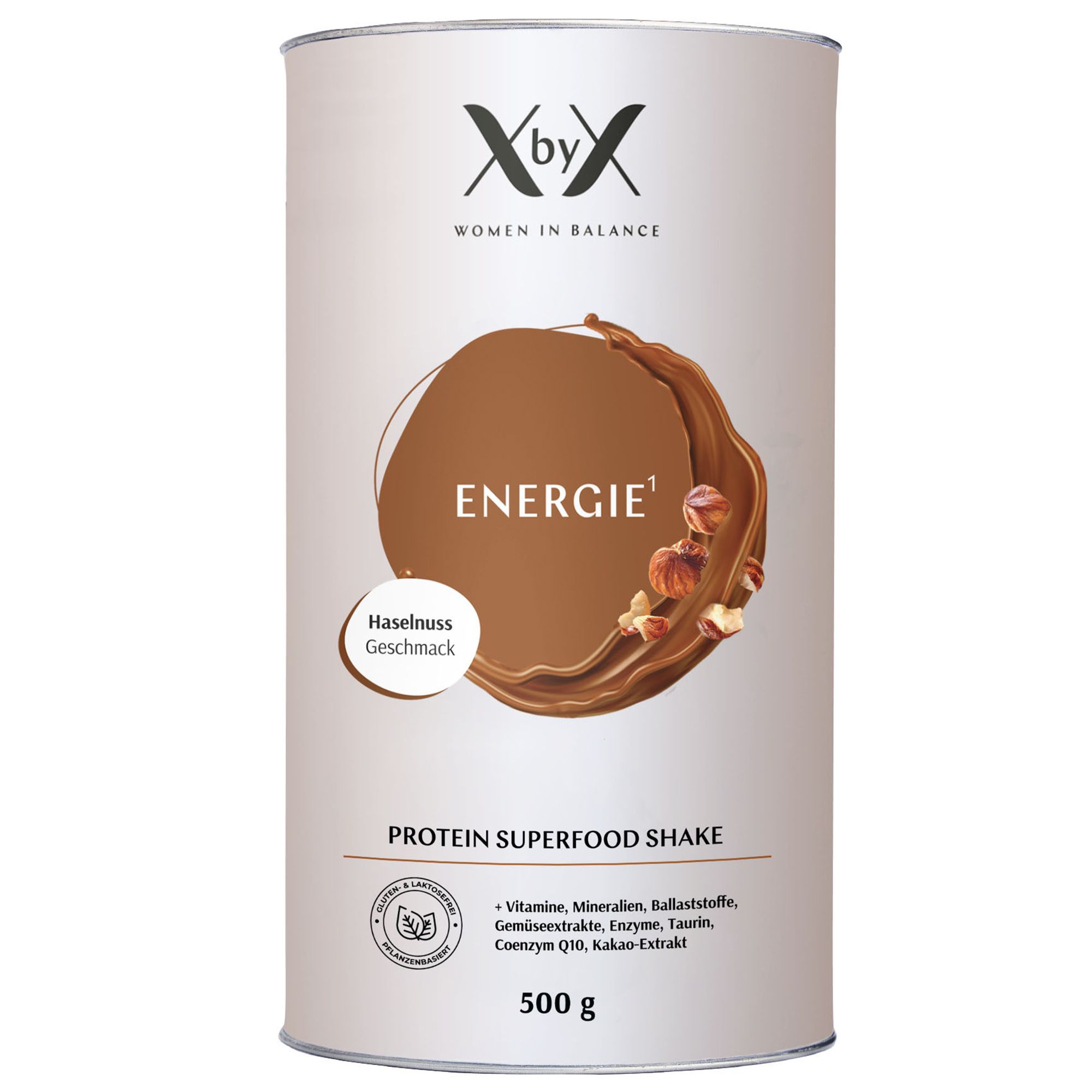 Dose mit 'Energie', 'Protein Superfood Shake'. Haselnuss-Geschmack. Enthält Vitamine, Mineralien, Enzyme, Taurin, Coenzym Q10, Kakao-Extrakt.