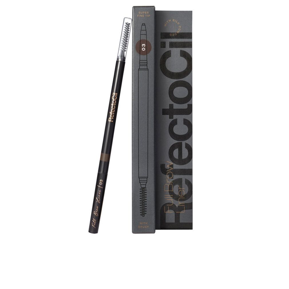 Brauenstift und Verpackung. Stift mit Bürste, Verpackung mit Produktnamen. Farbe: 3 Dark Brown.