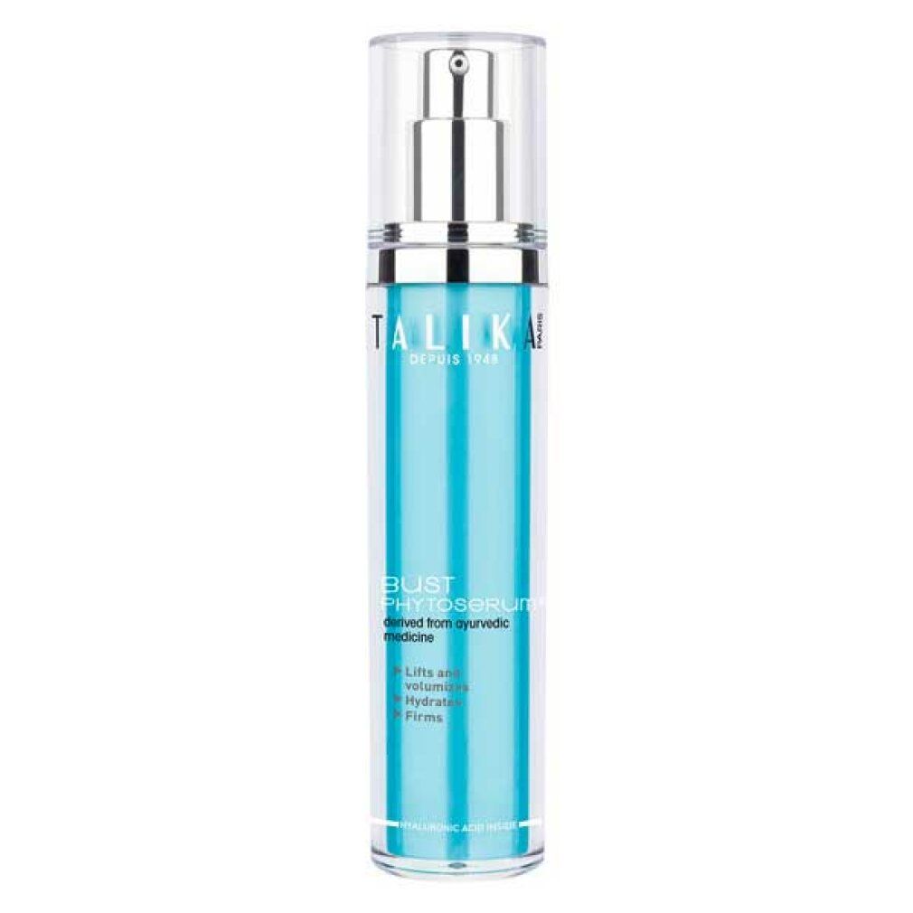 Zylindrische Flasche mit blauem Inhalt und silberfarbenem Pumpkopf. Aufschrift: BUST PHYTOSERUM. Marke: TALIKA.