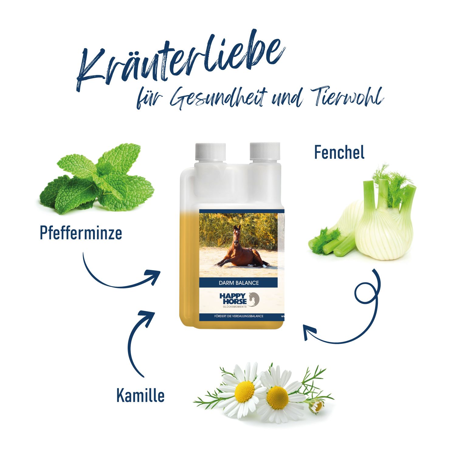 Doppelflasche mit gelber Flüssigkeit. Kräuterliebe-Illustration mit Pfefferminze, Fenchel und Kamille.