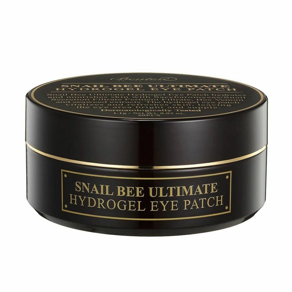 Schwarze, runde Dose mit goldfarbenem Rand und Schriftzug. Aufschrift: Snail Bee Ultimate Hydrogel Eye Patch.